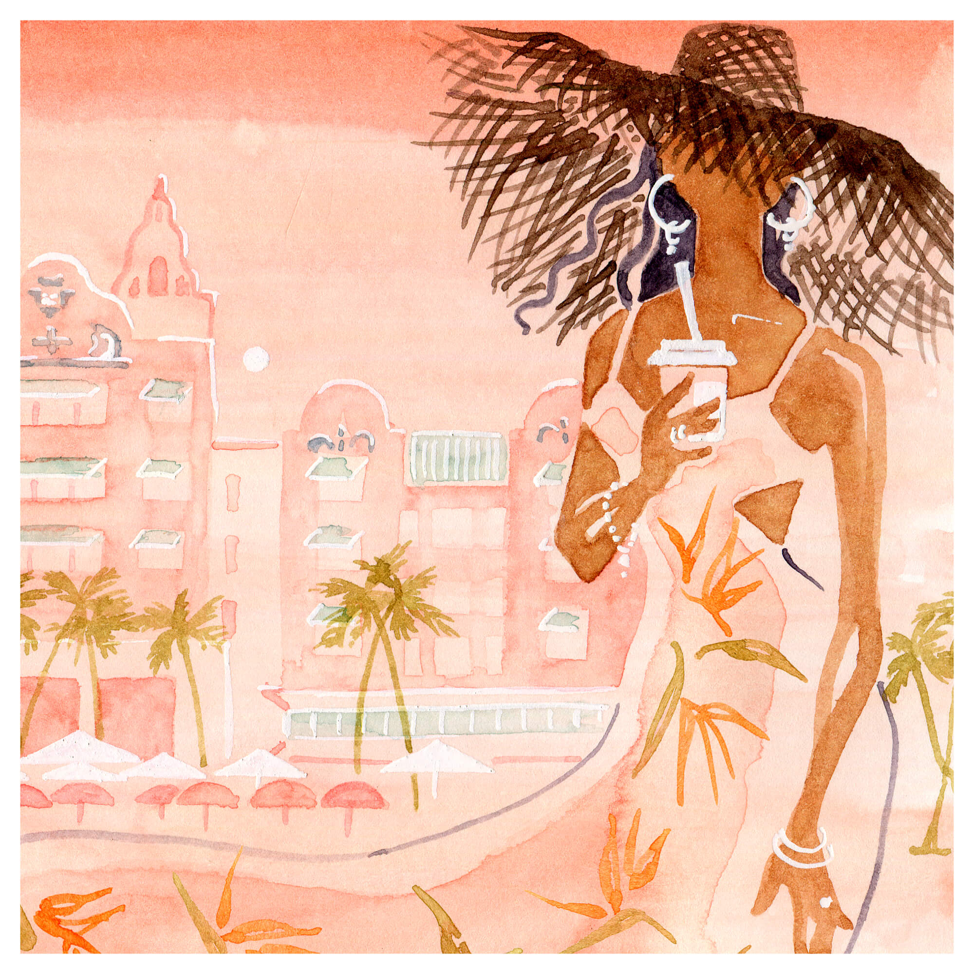 Close up details of watercolor artwork Pink Hotel by Hawaii artist Lovisa Oliv