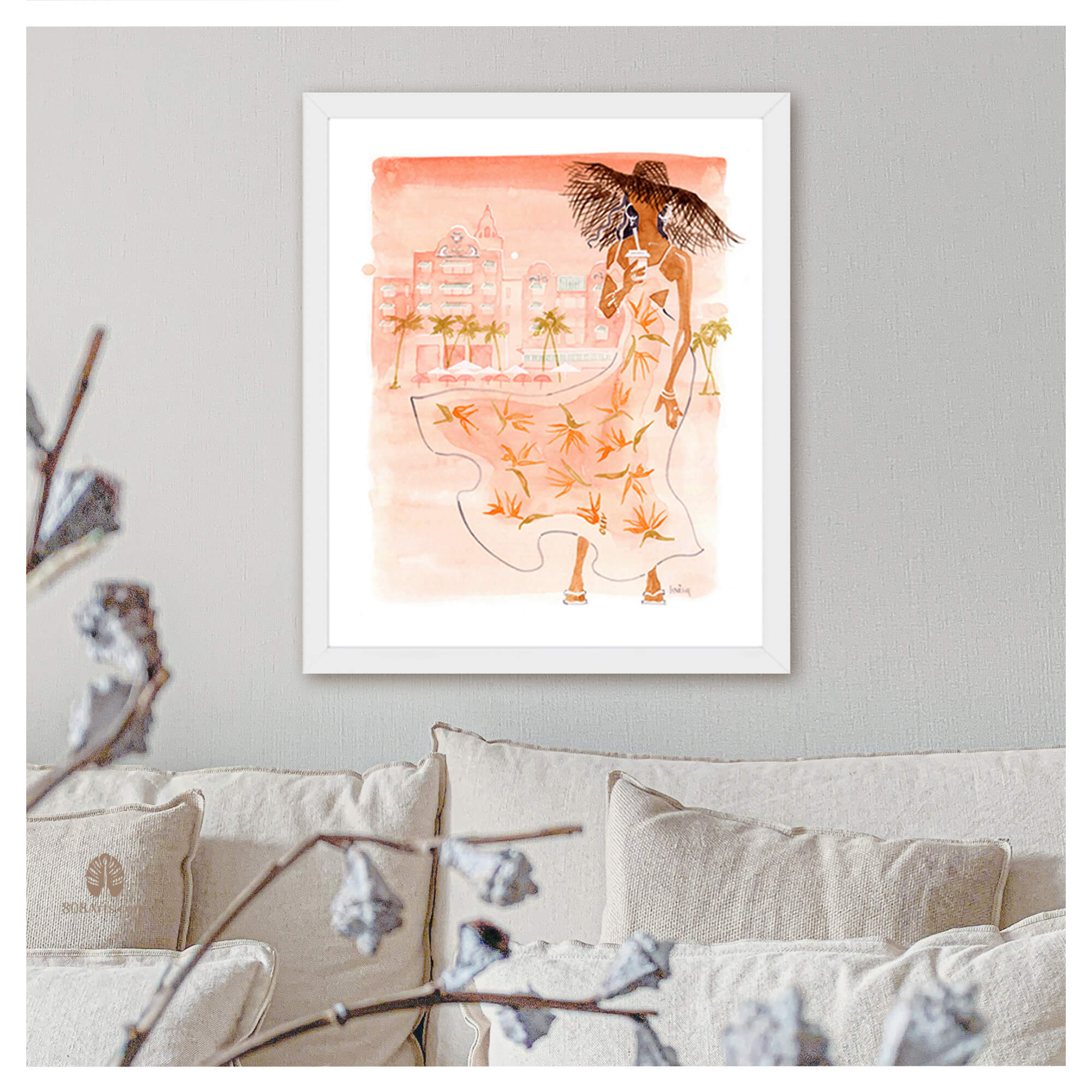 Framed paper giclée print of a watercolor artwork featuring a fashionable woman in front of Royal Hawaiian Hotel by Hawaii artist Lovisa Oliv
