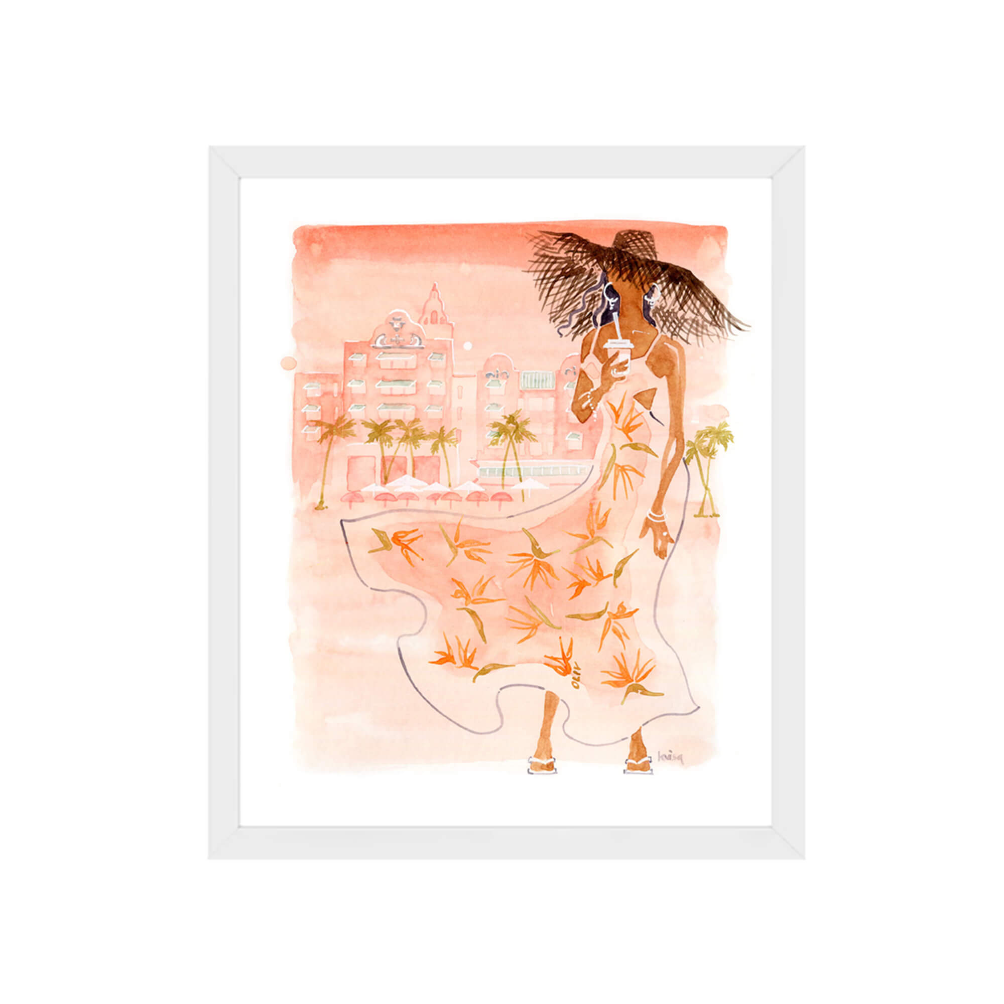 Framed paper giclée print of a watercolor artwork featuring a fashionable woman in front of Royal Hawaiian Hotel by Hawaii artist Lovisa Oliv