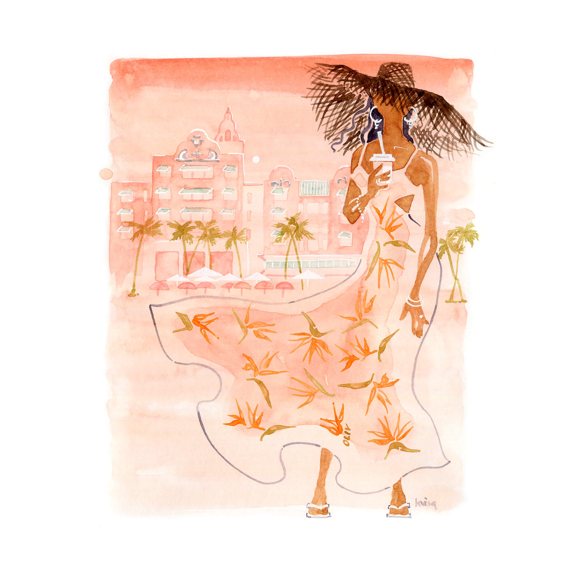 A paper giclée print of a watercolor artwork featuring a fashionable woman in front of Royal Hawaiian Hotel by Hawaii artist Lovisa Oliv