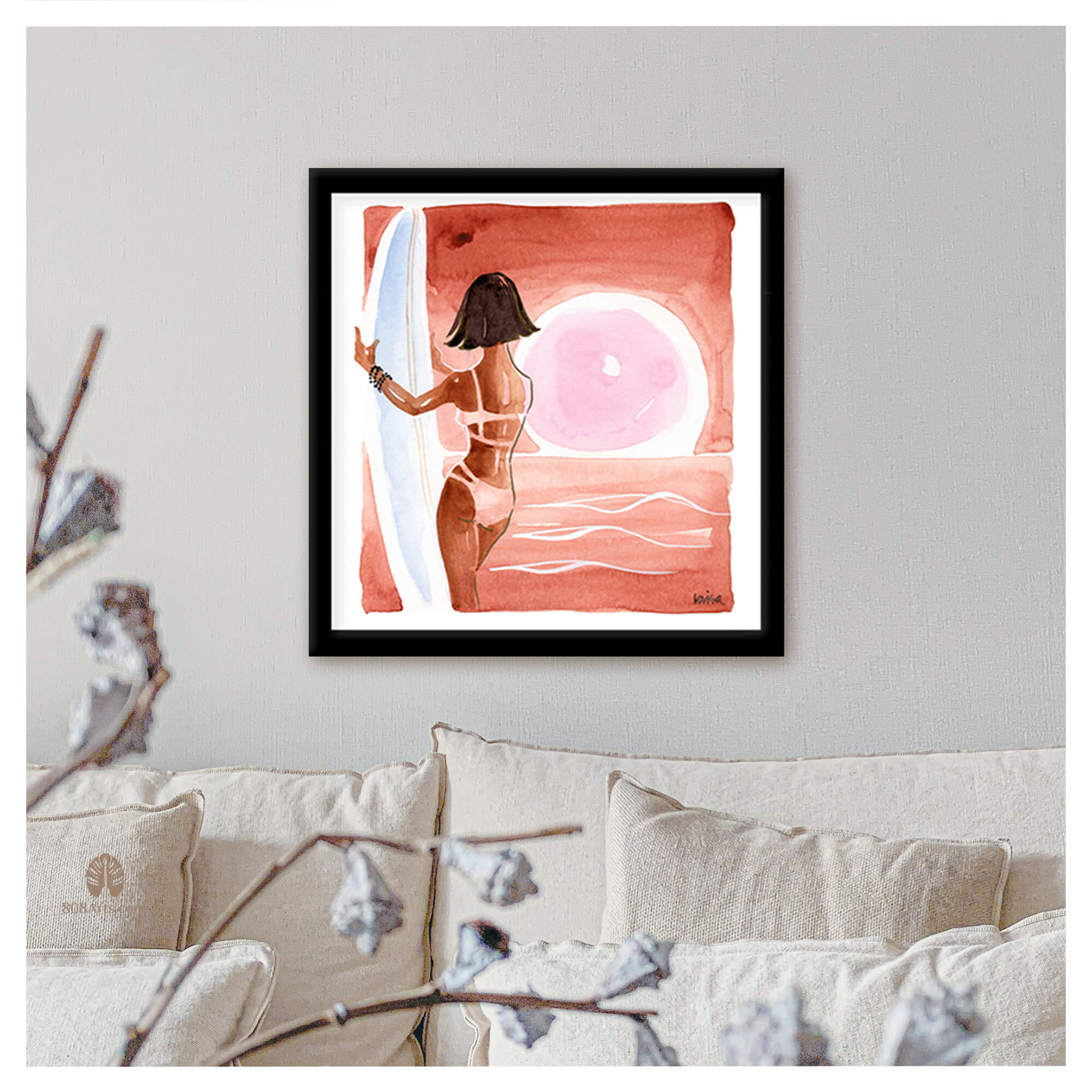 Framed paper giclée print of a watercolor artwork featuring a woman holding a surfboard while enjoying the sunset view by Hawaii artist Lovisa Oliv