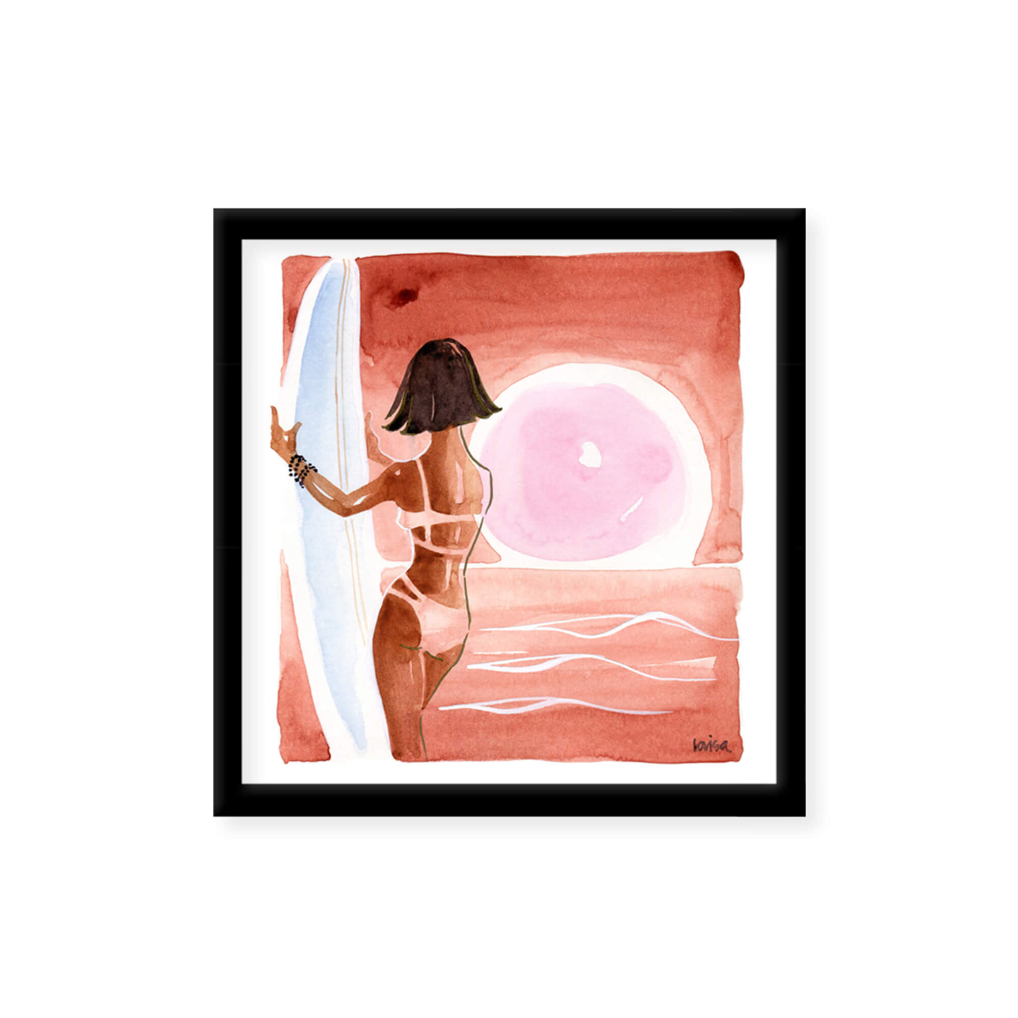 Framed paper giclée print of a watercolor artwork featuring a woman holding a surfboard while enjoying the sunset view by Hawaii artist Lovisa Oliv