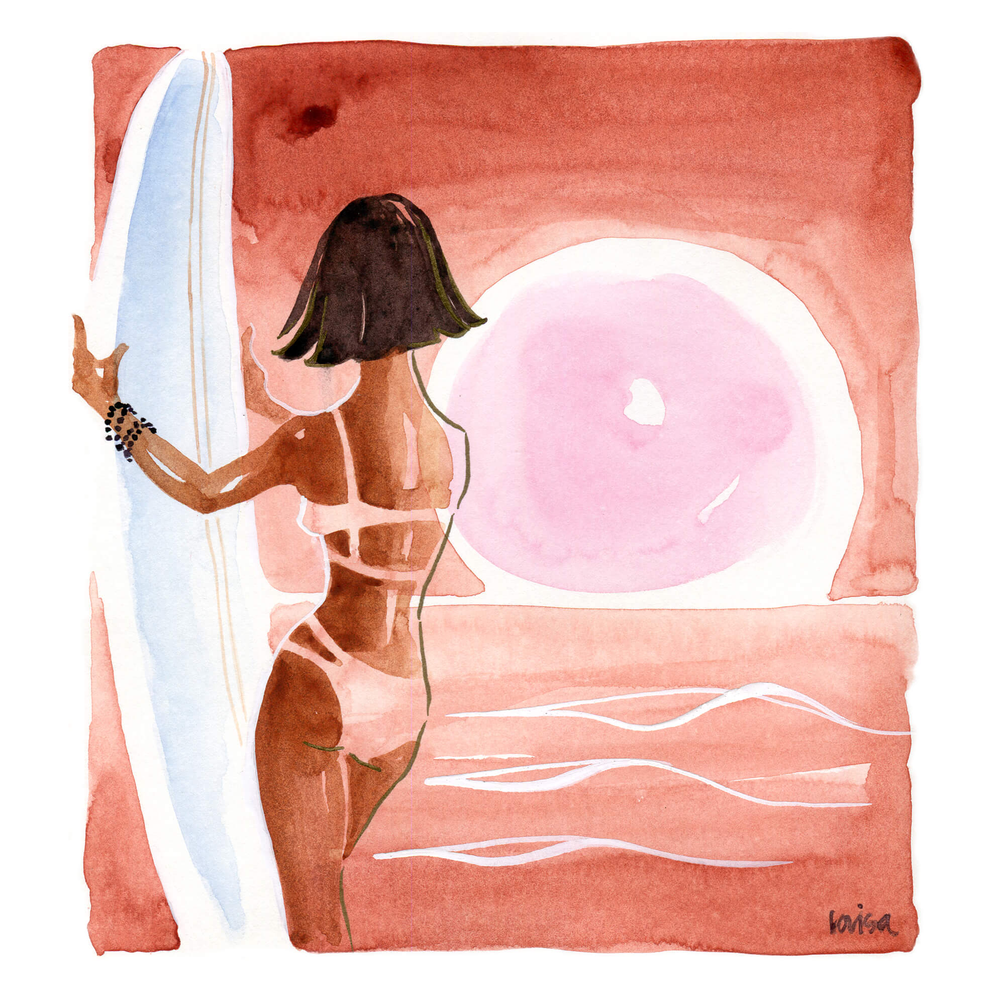 A paper giclée print of a watercolor artwork featuring a woman holding a surfboard while enjoying the sunset view by Hawaii artist Lovisa Oliv