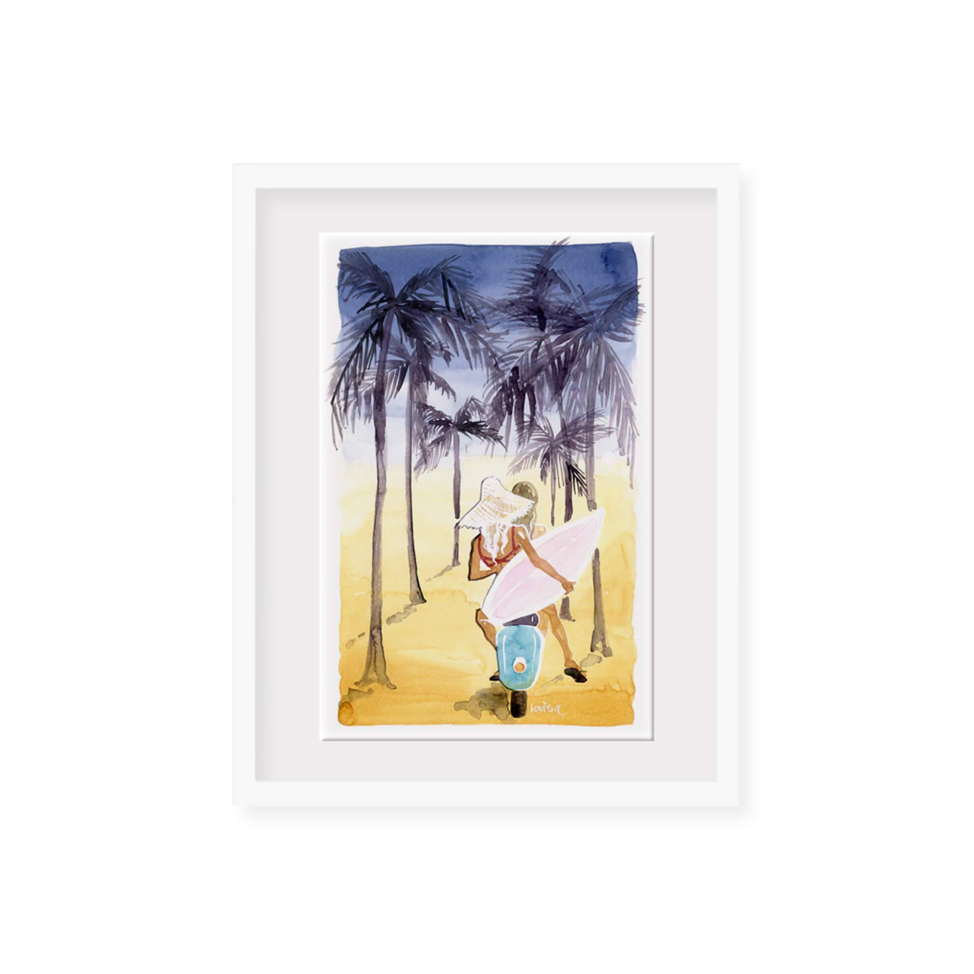 Framed original watercolor artwork of two women surfers riding a scooter to the beach by Hawaii artist Lovisa Oliv