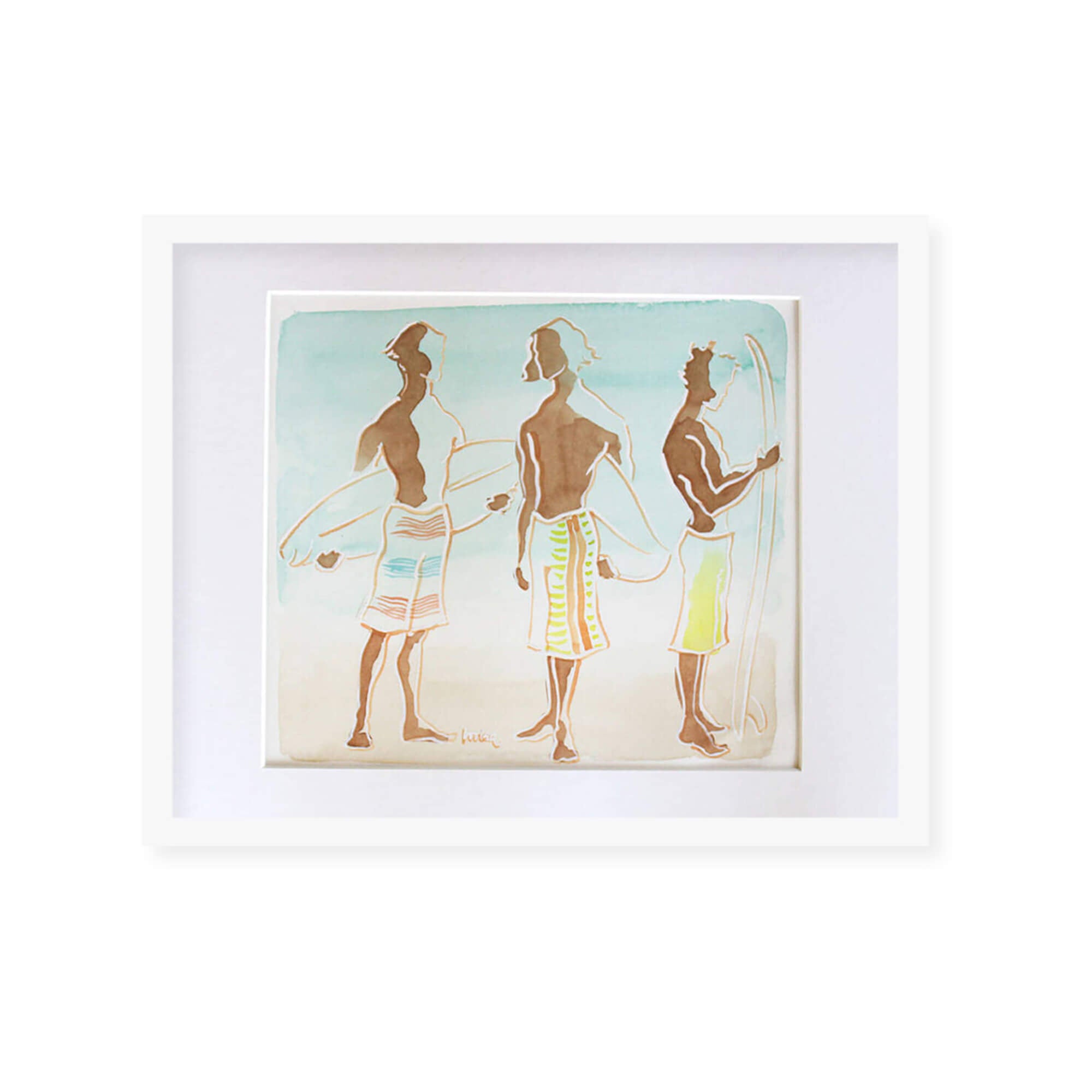 Framed original watercolor artwork of three men surfer by Hawaii artist Lovisa Oliv