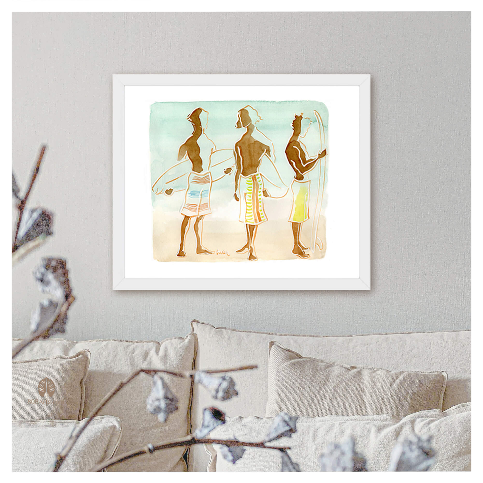 Framed paper giclée print of a watercolor artwork featuring three men surfers with surfboards by Hawaii artist Lovisa Oliv