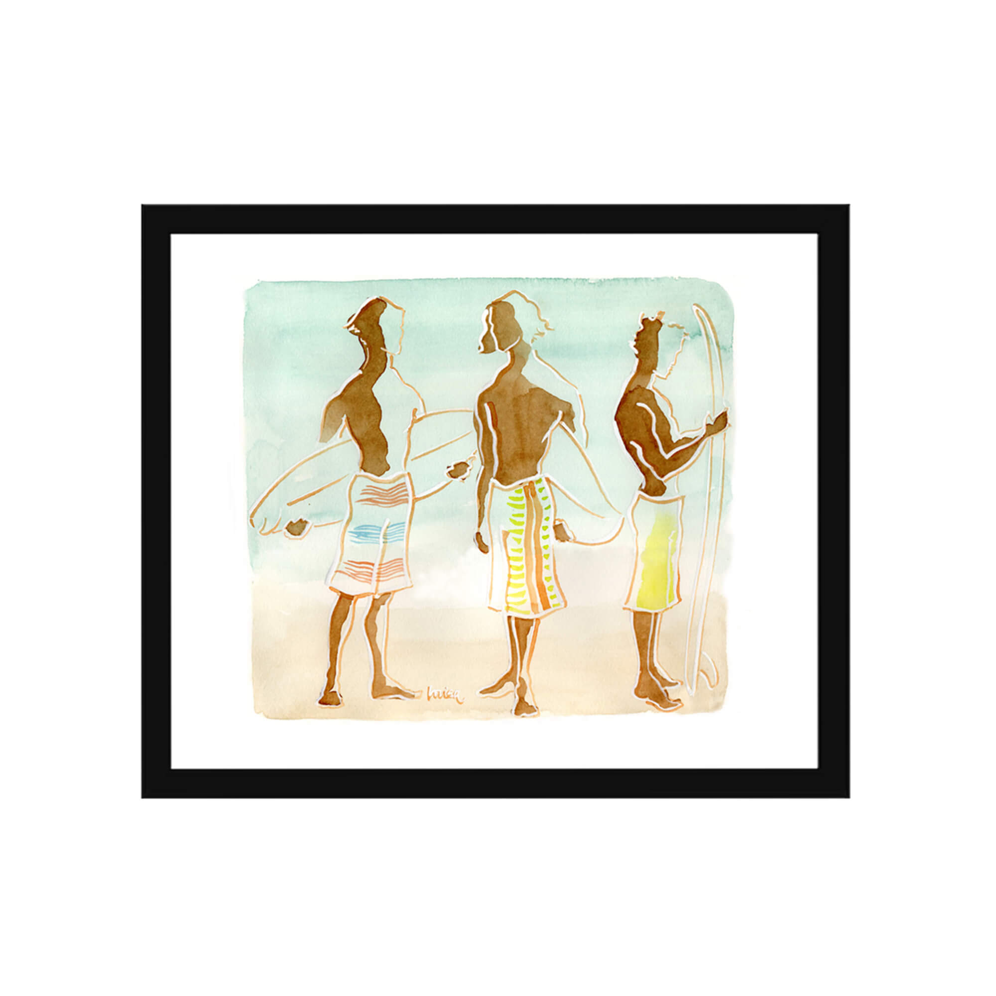 Framed paper giclée print of a watercolor artwork featuring three men surfers with surfboards by Hawaii artist Lovisa Oliv