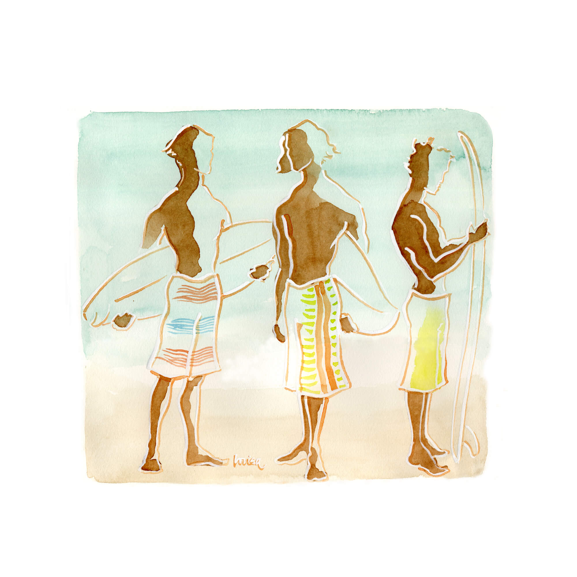 A paper giclée print of a watercolor artwork featuring three men surfers with surfboards by Hawaii artist Lovisa Oliv