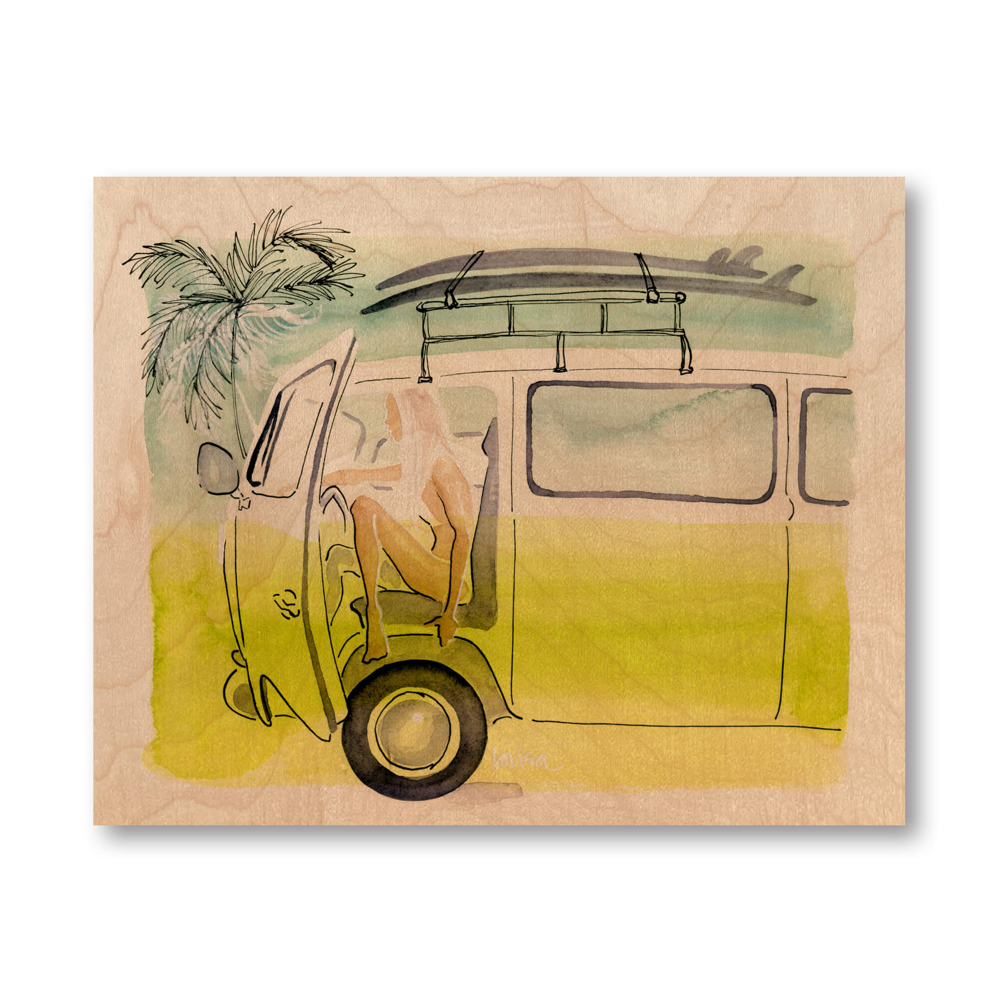 Wood print of watercolor artwork featuring a female surfer in a camper van by Hawaii artist Lovisa Oliv 
