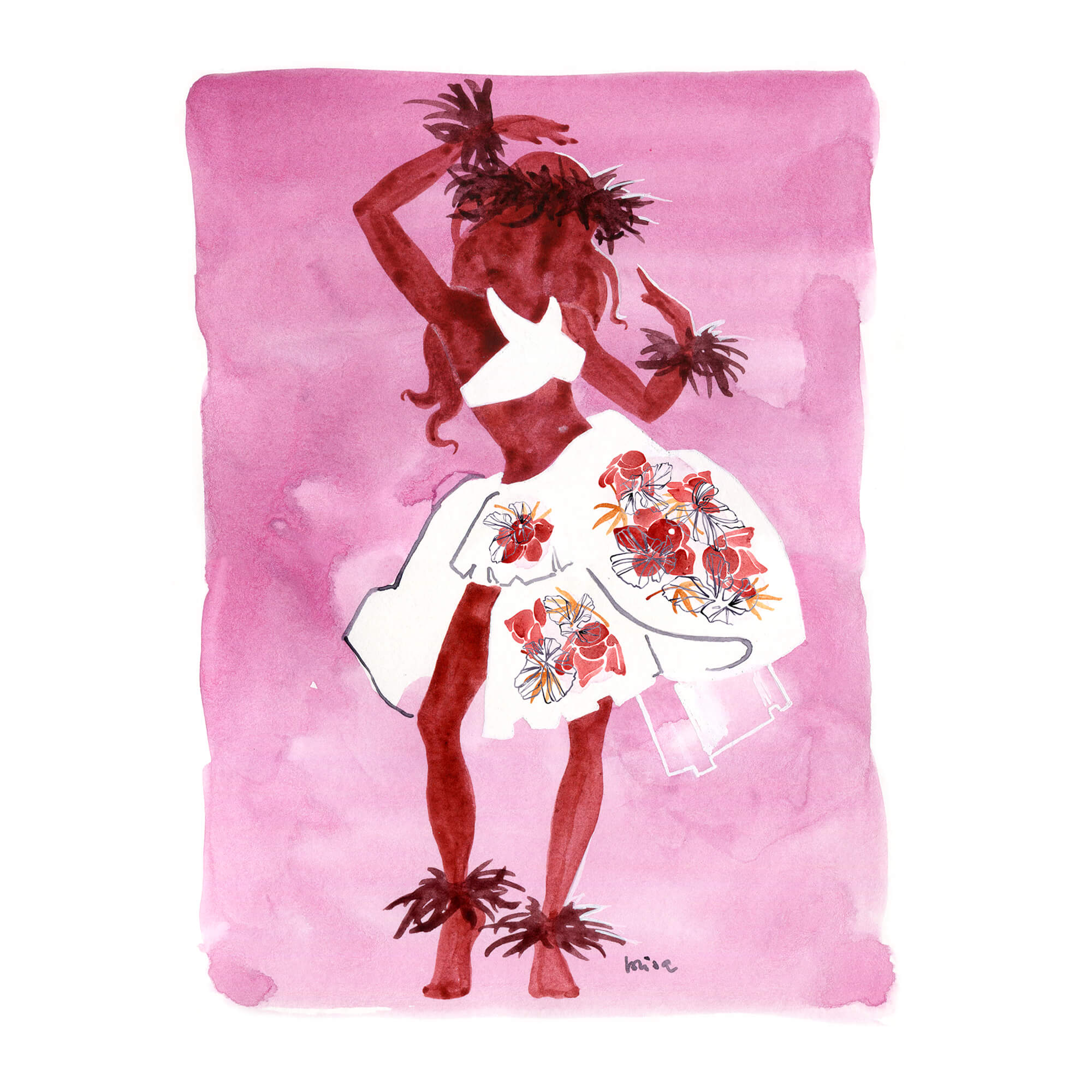 A paper giclée print of a watercolor artwork featuring a hula dancer on magenta background by Hawaii artist Lovisa Oliv