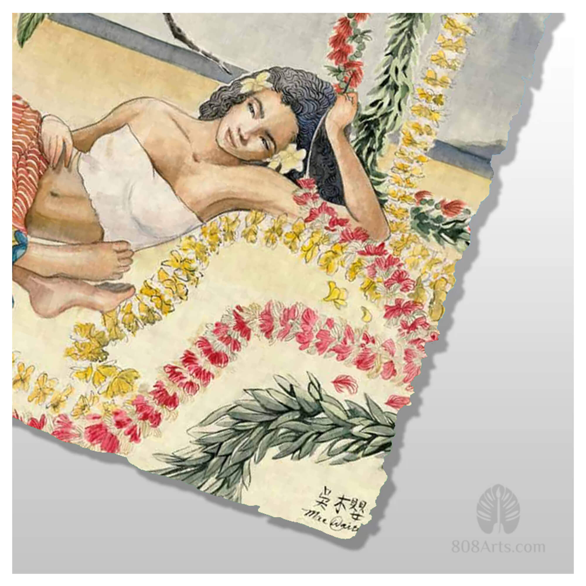 Deckled print edge detail of artwork Lounging Lei Ladies by Hawaii artist Mae Waite