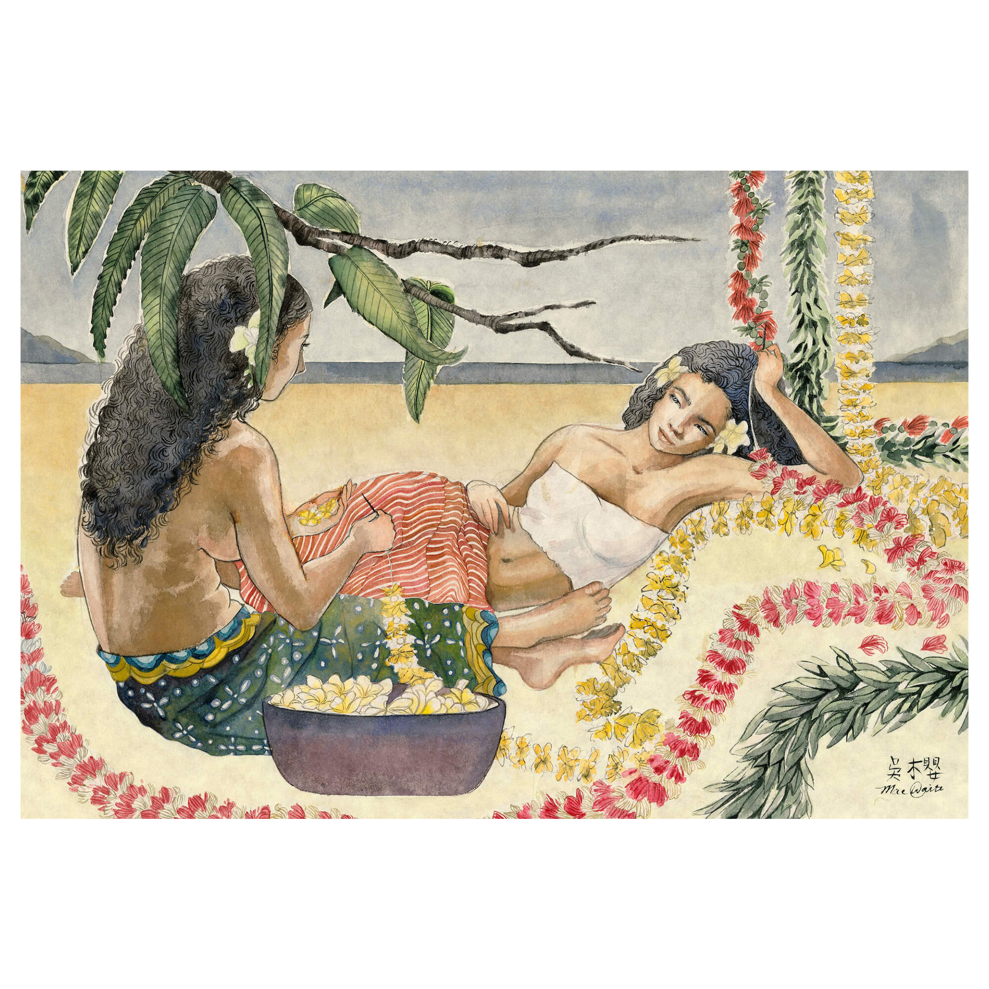 A matted art print of two flower ladies making lei’s on the beach by Hawaii artist Mae Waite