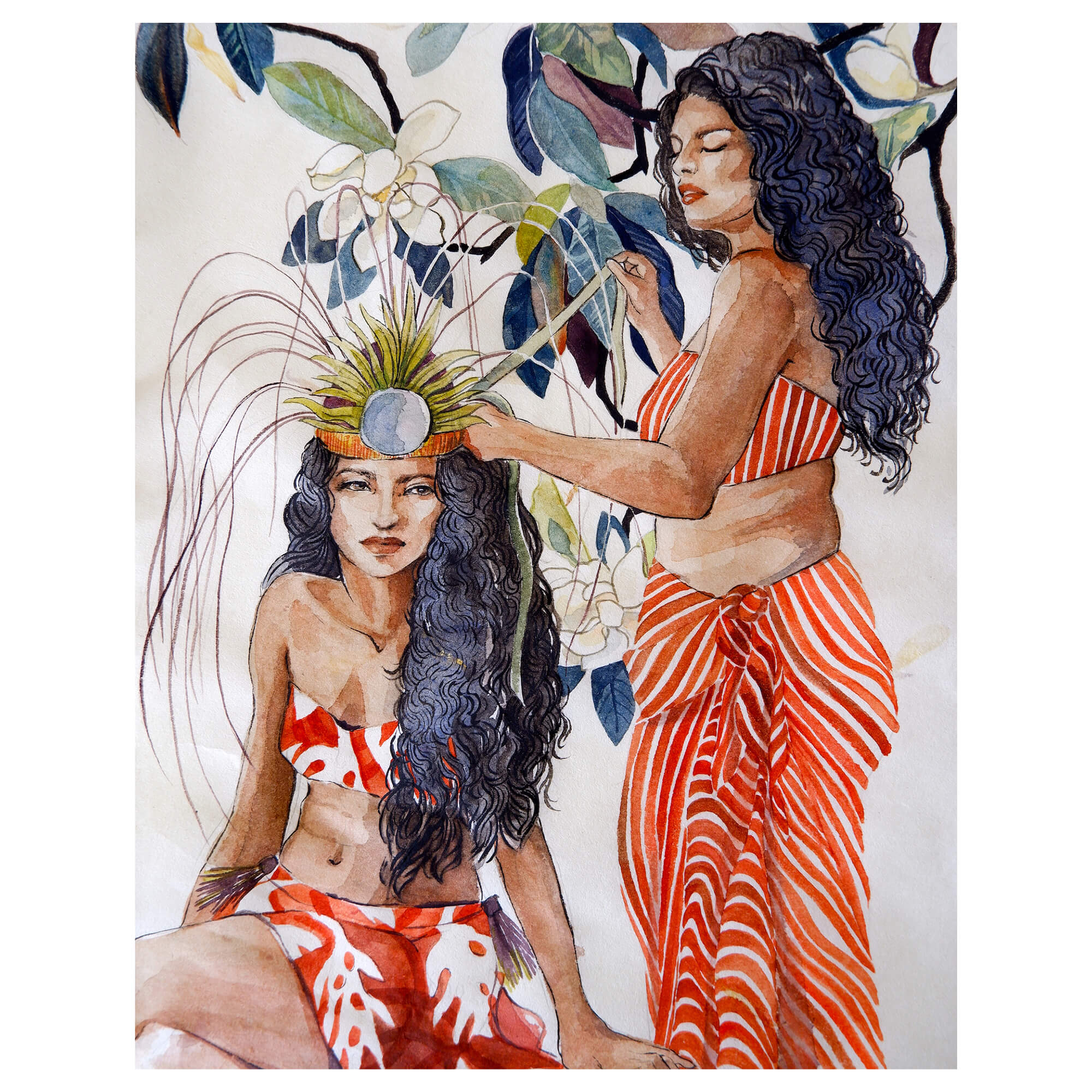 A matted art print of two wahine (women) adorned in traditional Hawaiian garments by Hawaii artist Mae Waite