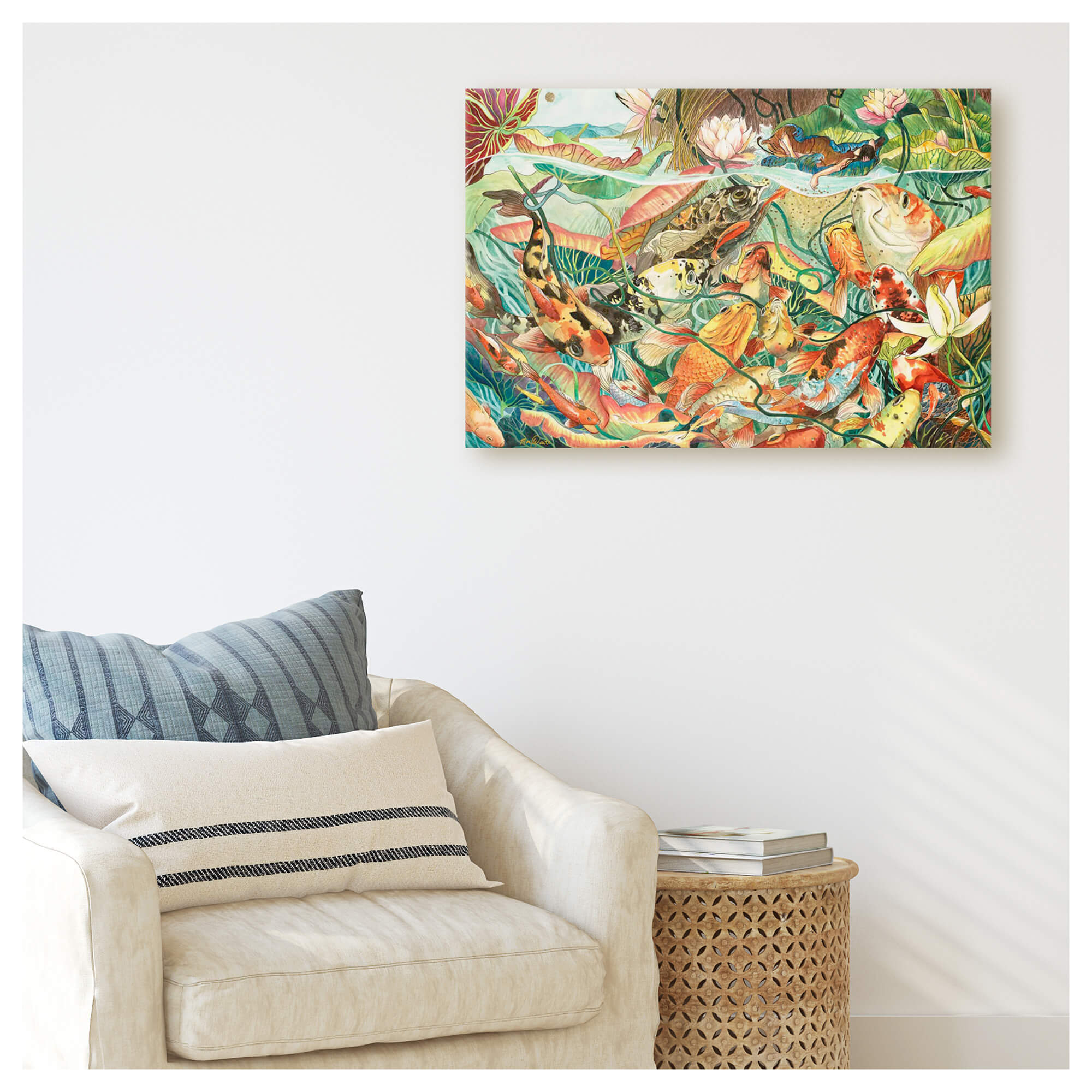 A canvas giclée print of a lady among koi fish in underwater art by Hawaii artist Mae Waite