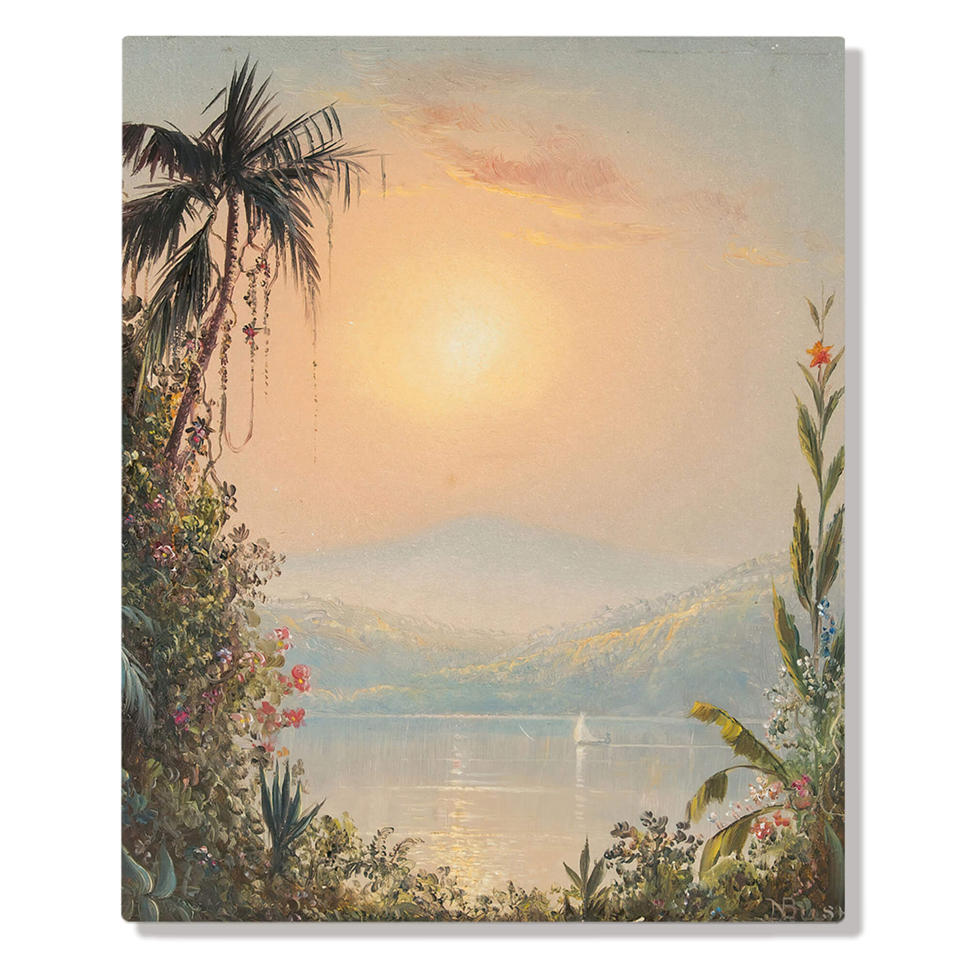 A vintage artwork featuring a serene tropical scenery framed by some plants and colorful flowers