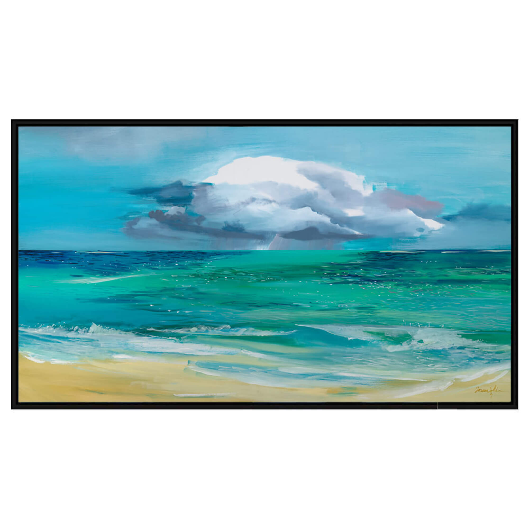 Framed canvas art print depicting calm tranquil waters leading to a beach oasis by Hawaii artist Saumolia Puapuaga 