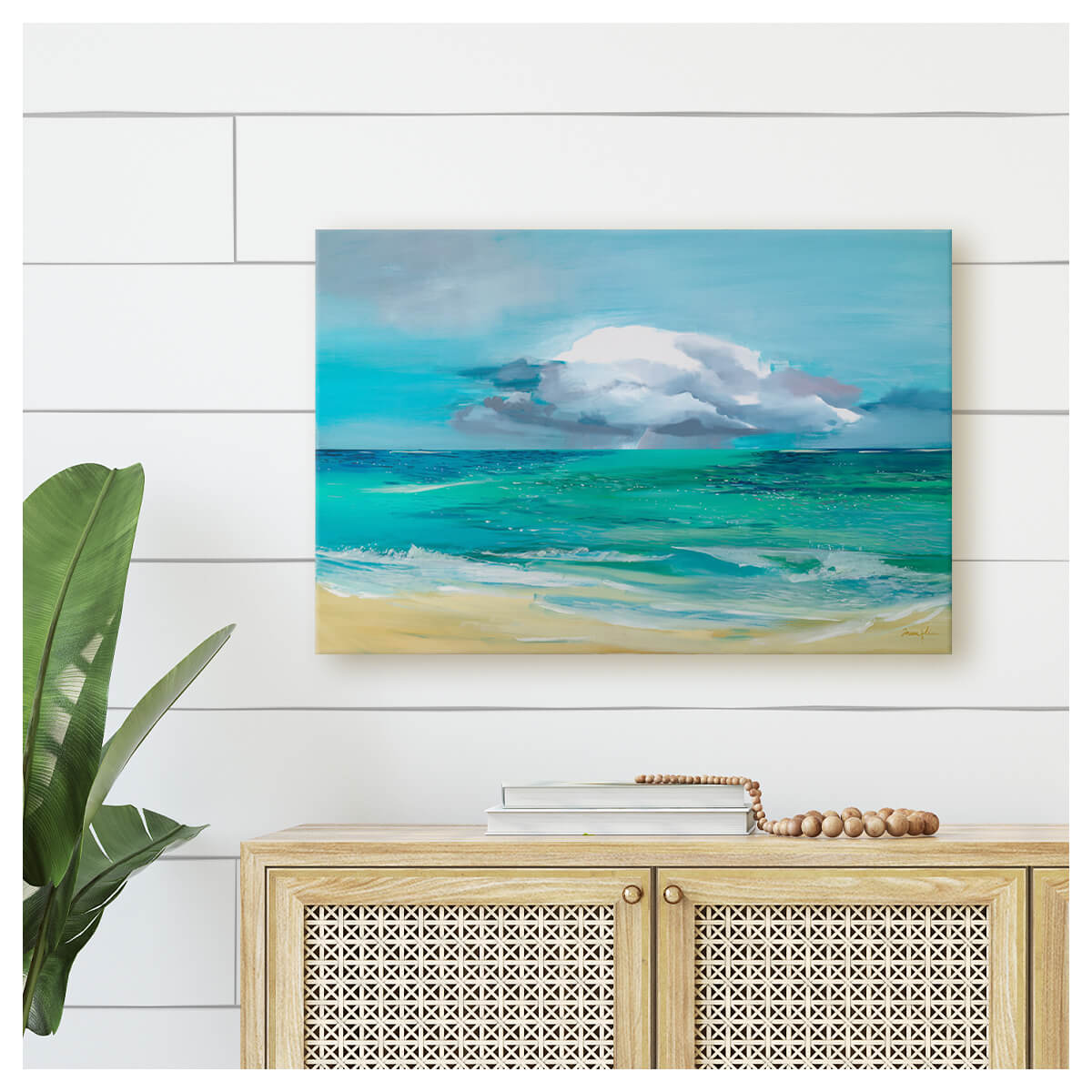 Blue toned canvas seascape print with a cloud in the distance by Hawaii artist Saumolia Puapuaga