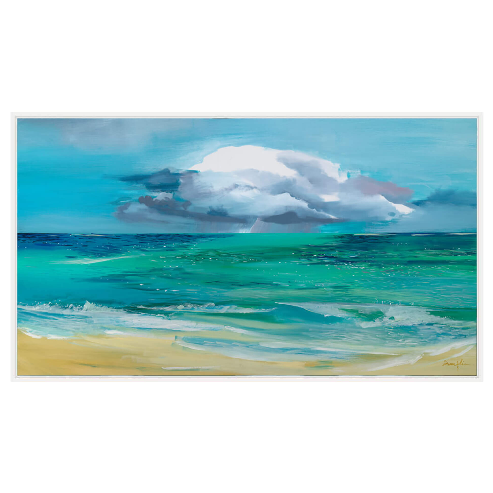 Framed canvas art print depicting calm tranquil waters leading to a beach oasis by Hawaii artist Saumolia Puapuaga 