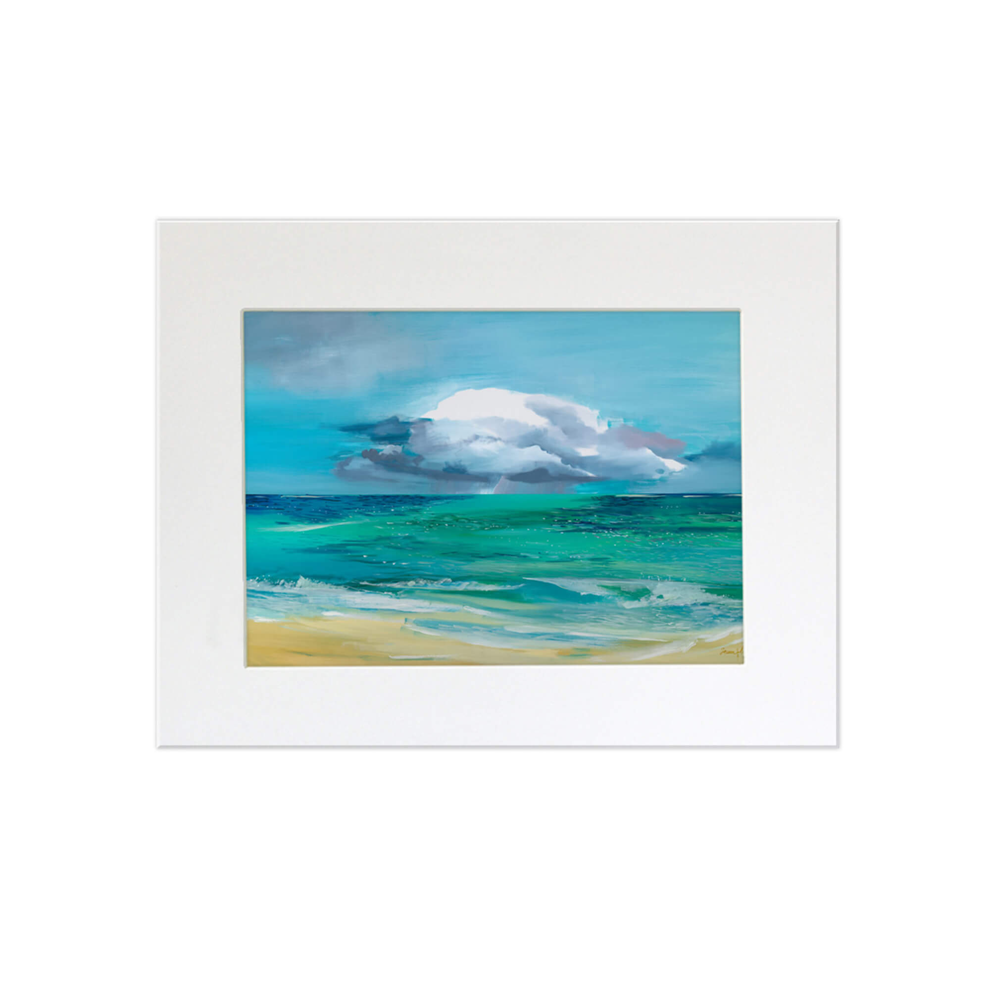 A matted art print depicting calm tranquil waters leading to a beach oasis by Hawaii artist Saumolia Puapuaga