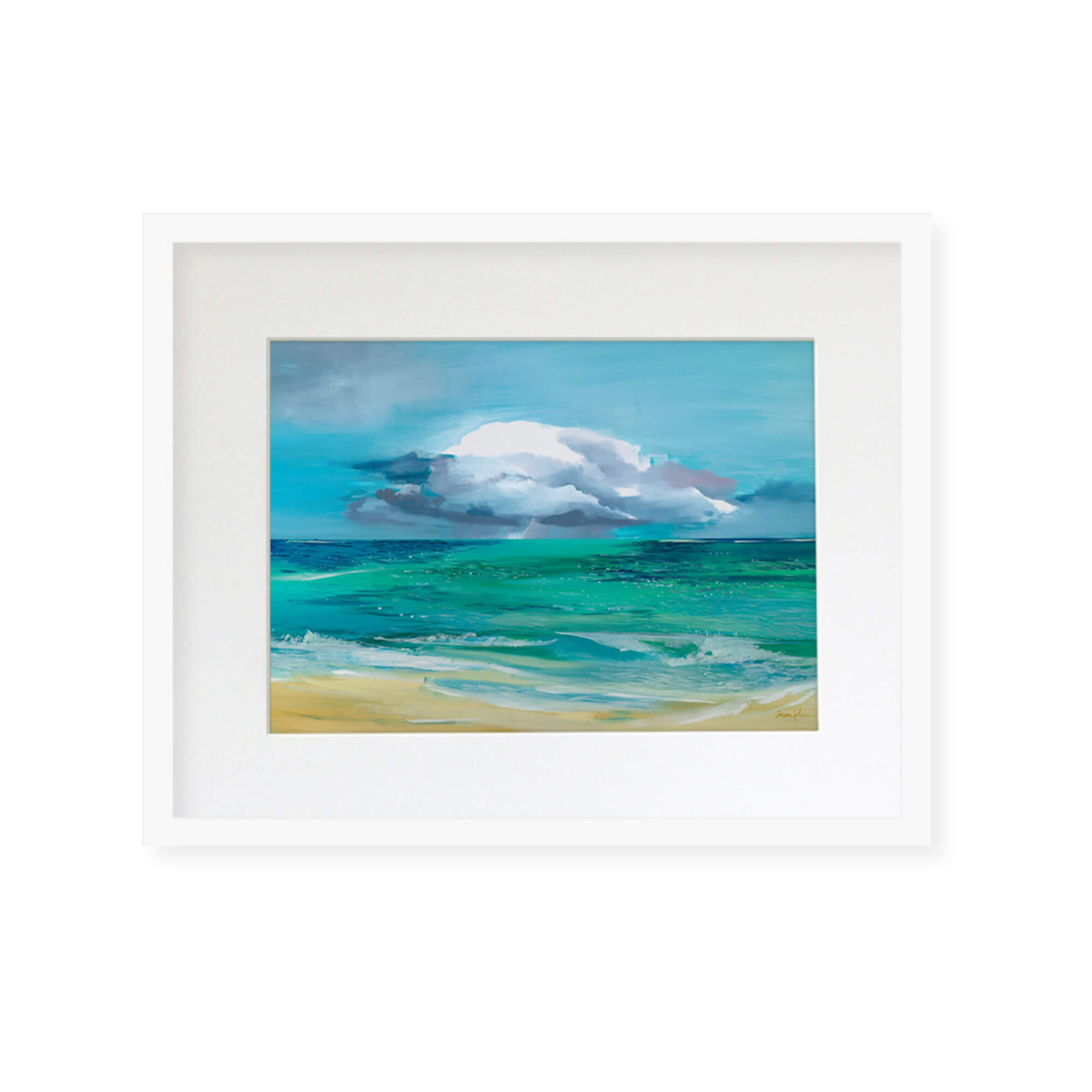 Framed matted art print depicting calm tranquil waters leading to a beach oasis by Hawaii artist Saumolia Puapuaga