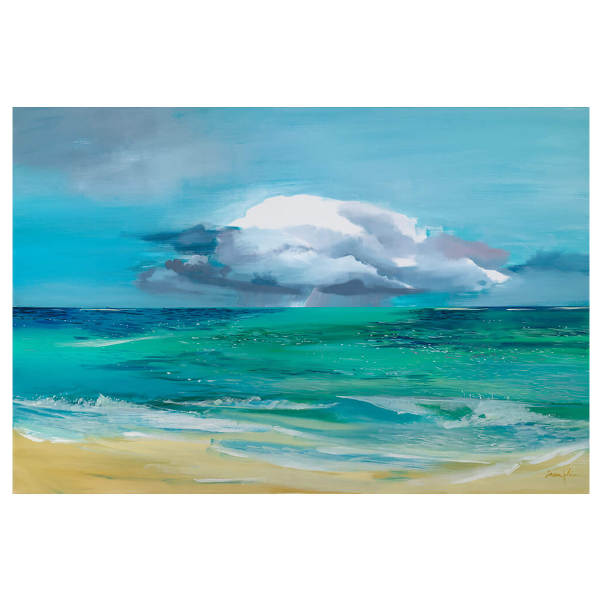 A matted art print depicting calm tranquil waters leading to a beach oasis by Hawaii artist Saumolia Puapuaga