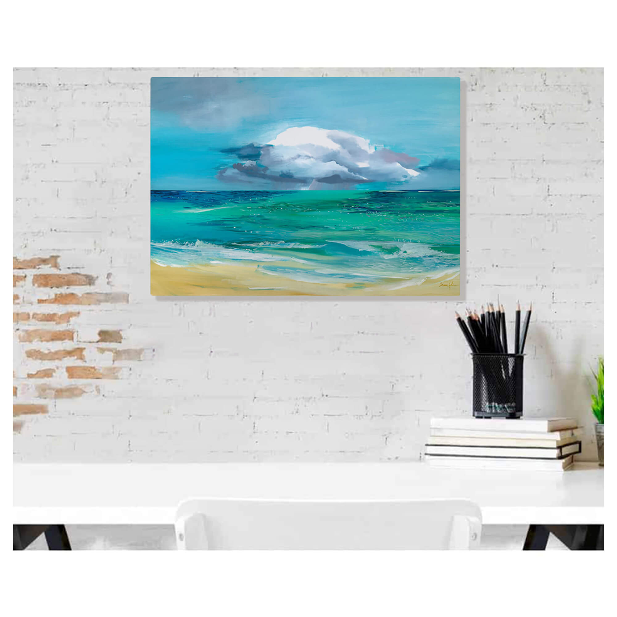 A metal art print depicting calm tranquil waters leading to a beach oasis by Hawaii artist Saumolia Puapuaga