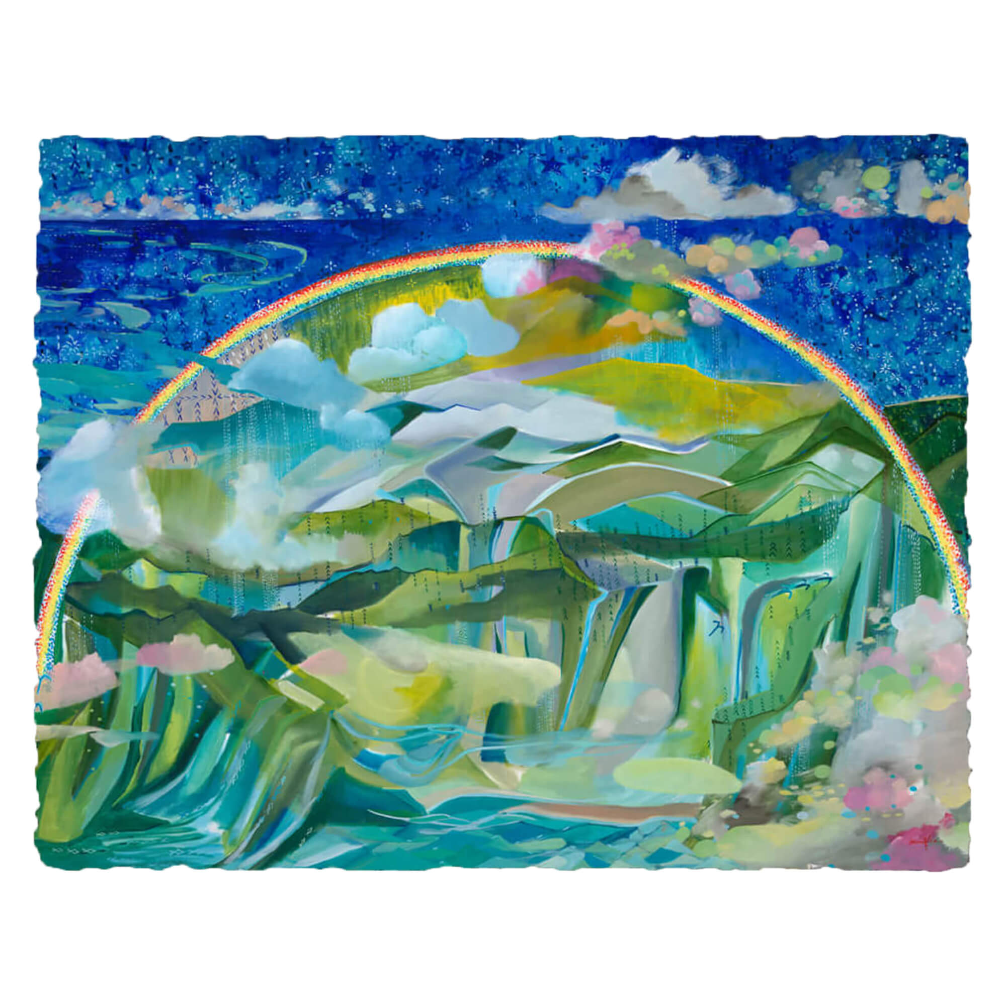 A deckled paper art print of an abstract landscape with a rainbow over the mountains by Hawaii artist Saumolia Puapuaga