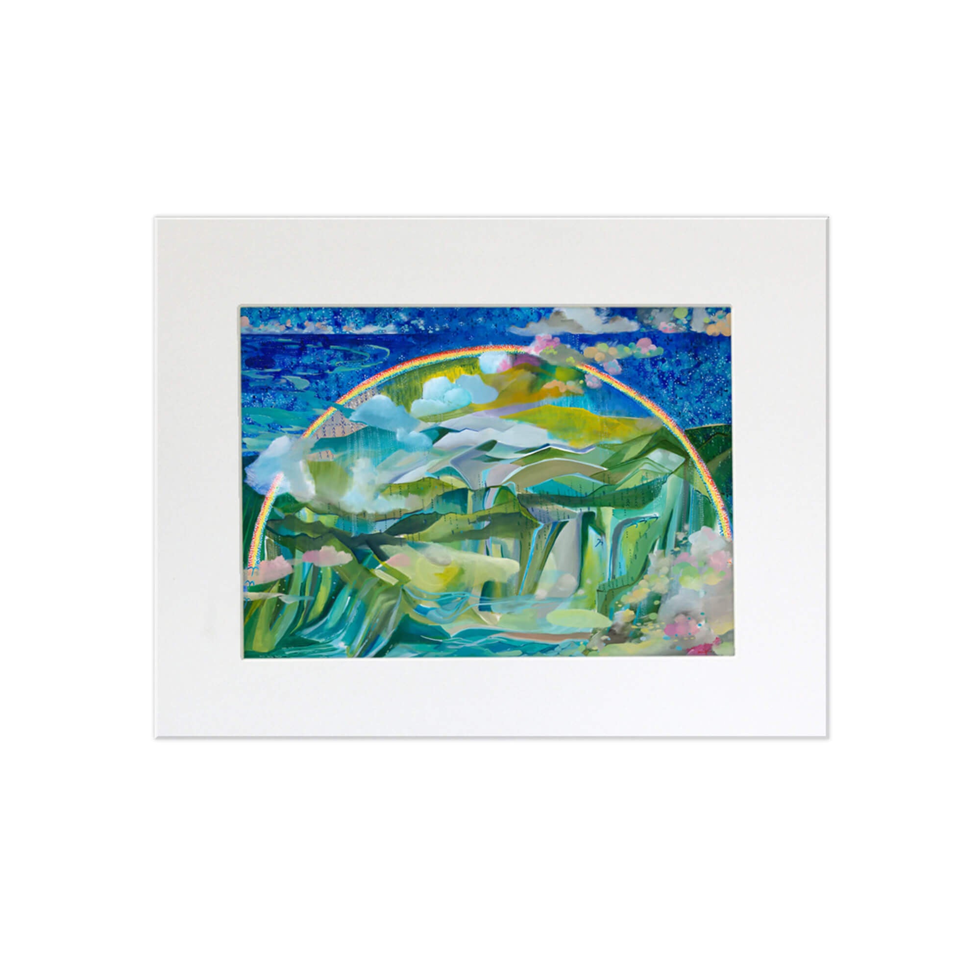 A matted art print of an abstract landscape with a rainbow over the mountains by Hawaii artist Saumolia Puapuaga 
