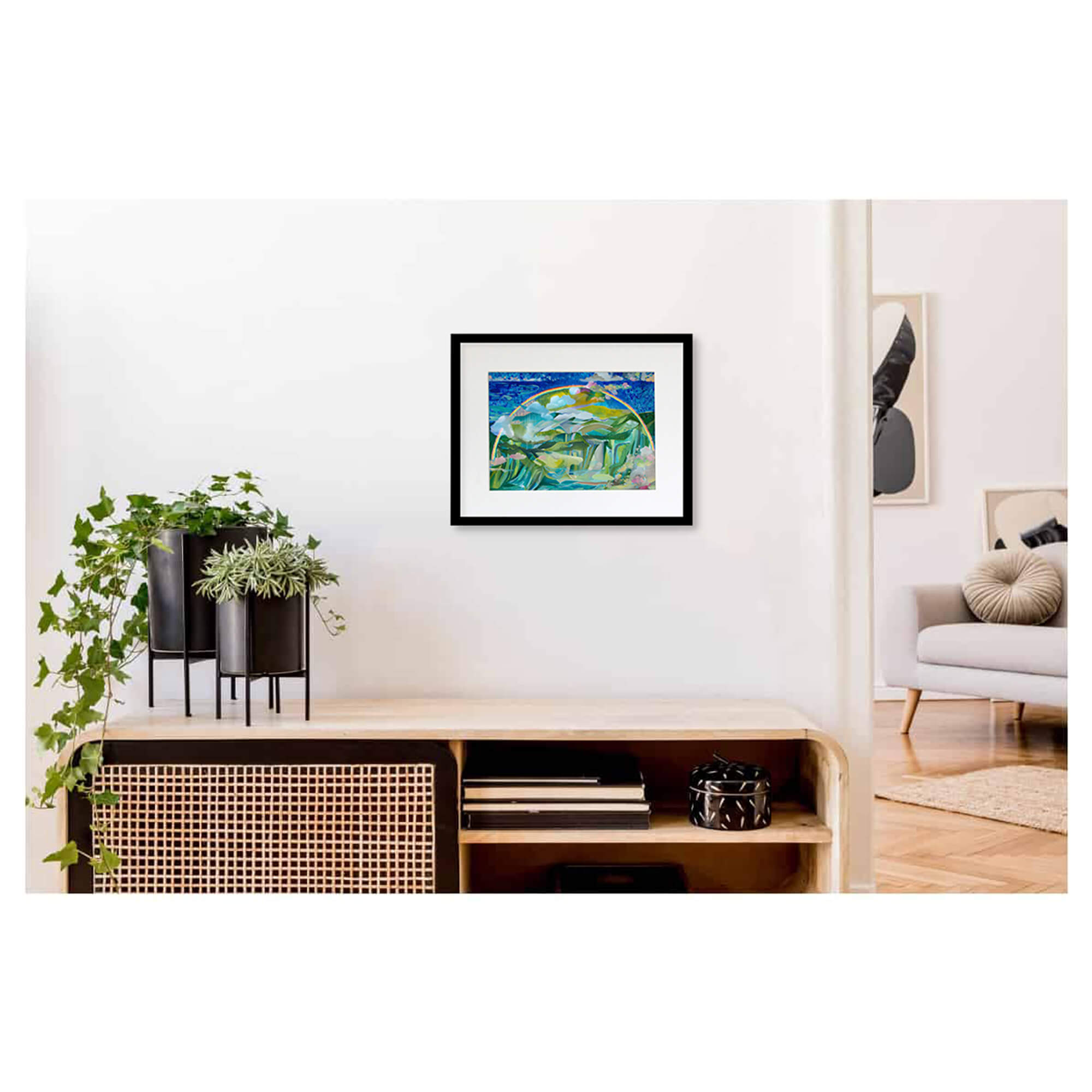 Framed matted art print of an abstract landscape with a rainbow over the mountains by Hawaii artist Saumolia Puapuaga