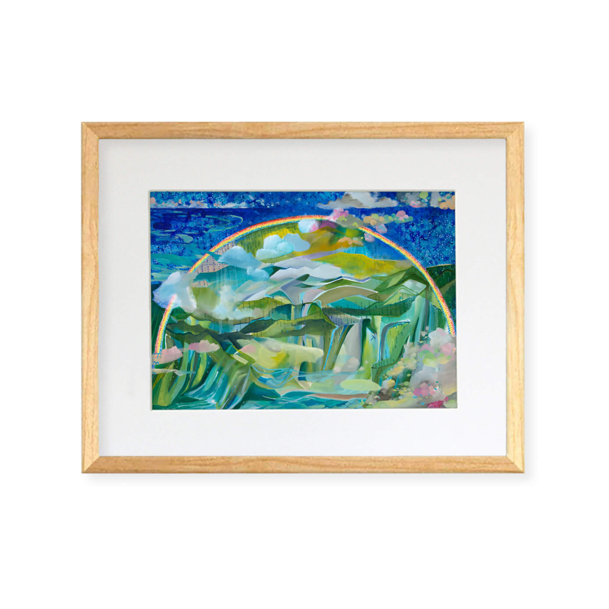 Framed matted art print of an abstract landscape with a rainbow over the mountains by Hawaii artist Saumolia Puapuaga 