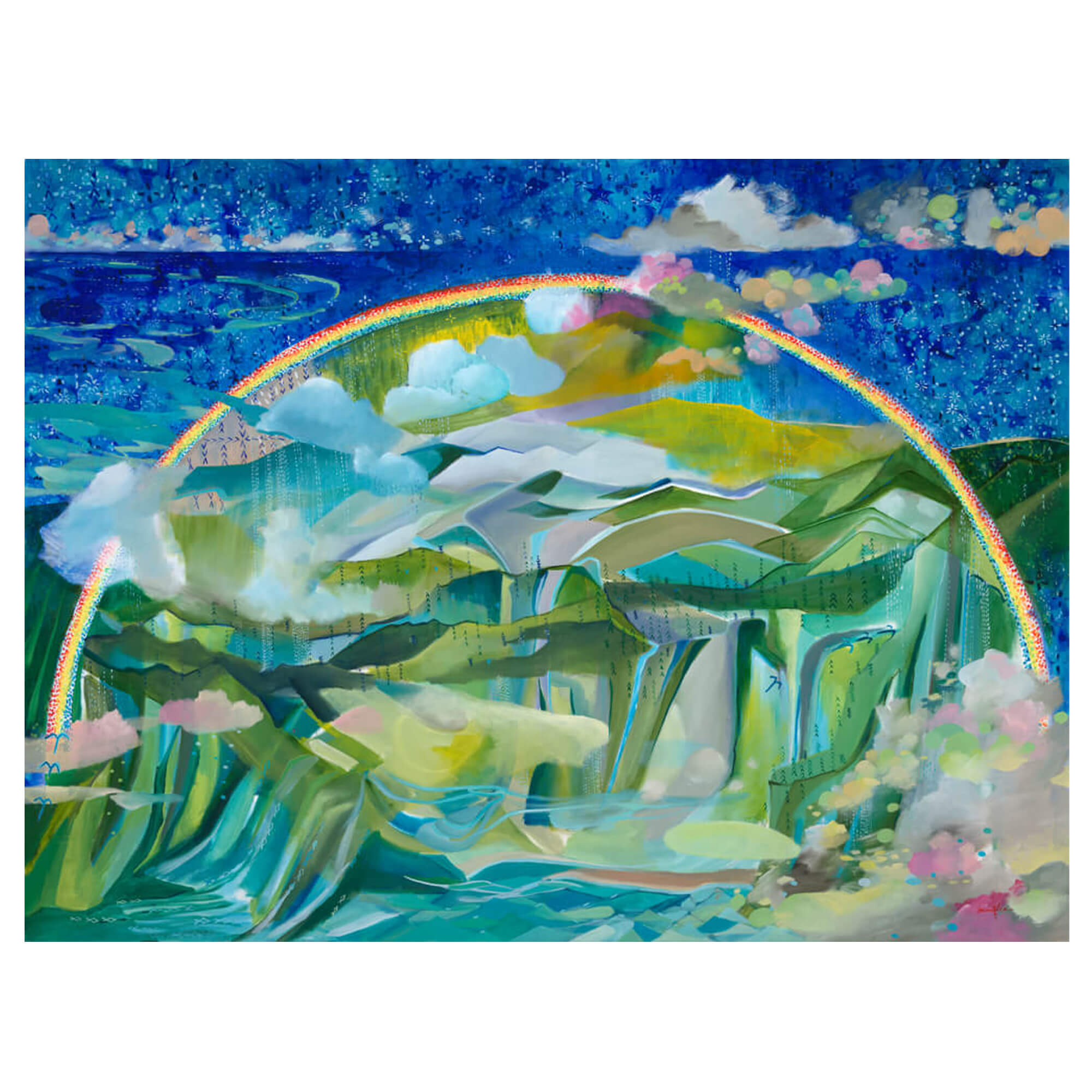 A paper art print of an abstract landscape with a rainbow over the mountains by Hawaii artist Saumolia Puapuaga