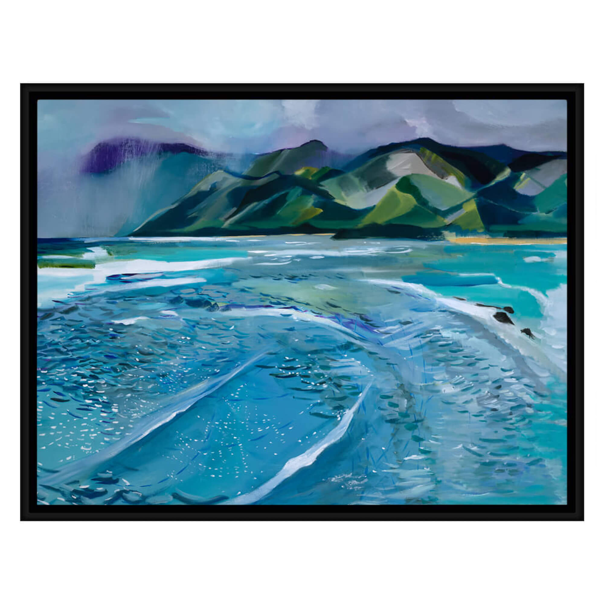 Framed canvas art print of an abstract teal-tinted waves crashing towards the shore and some mountain background by Hawaii artist Saumolia Puapuaga 
