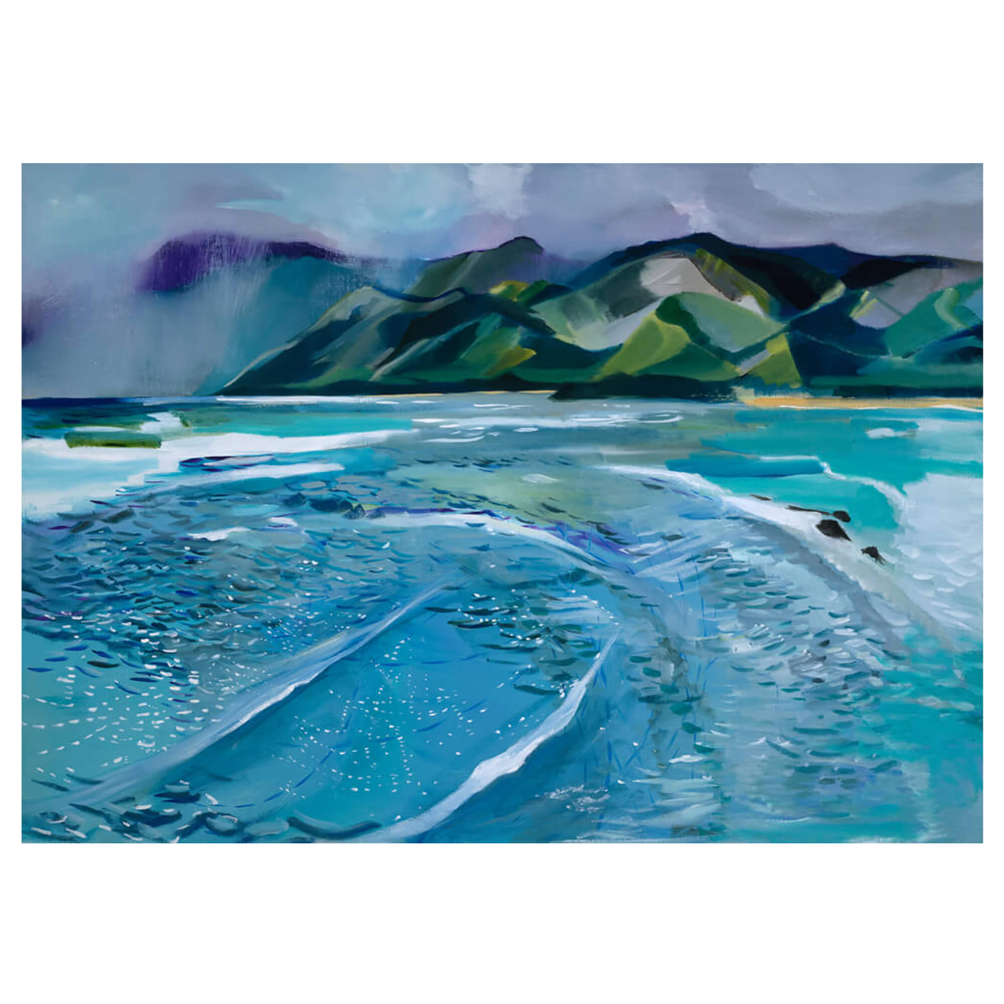 Canvas art print of an abstract teal-tinted waves crashing towards the shore and some mountain background by Hawaii artist Saumolia Puapuaga