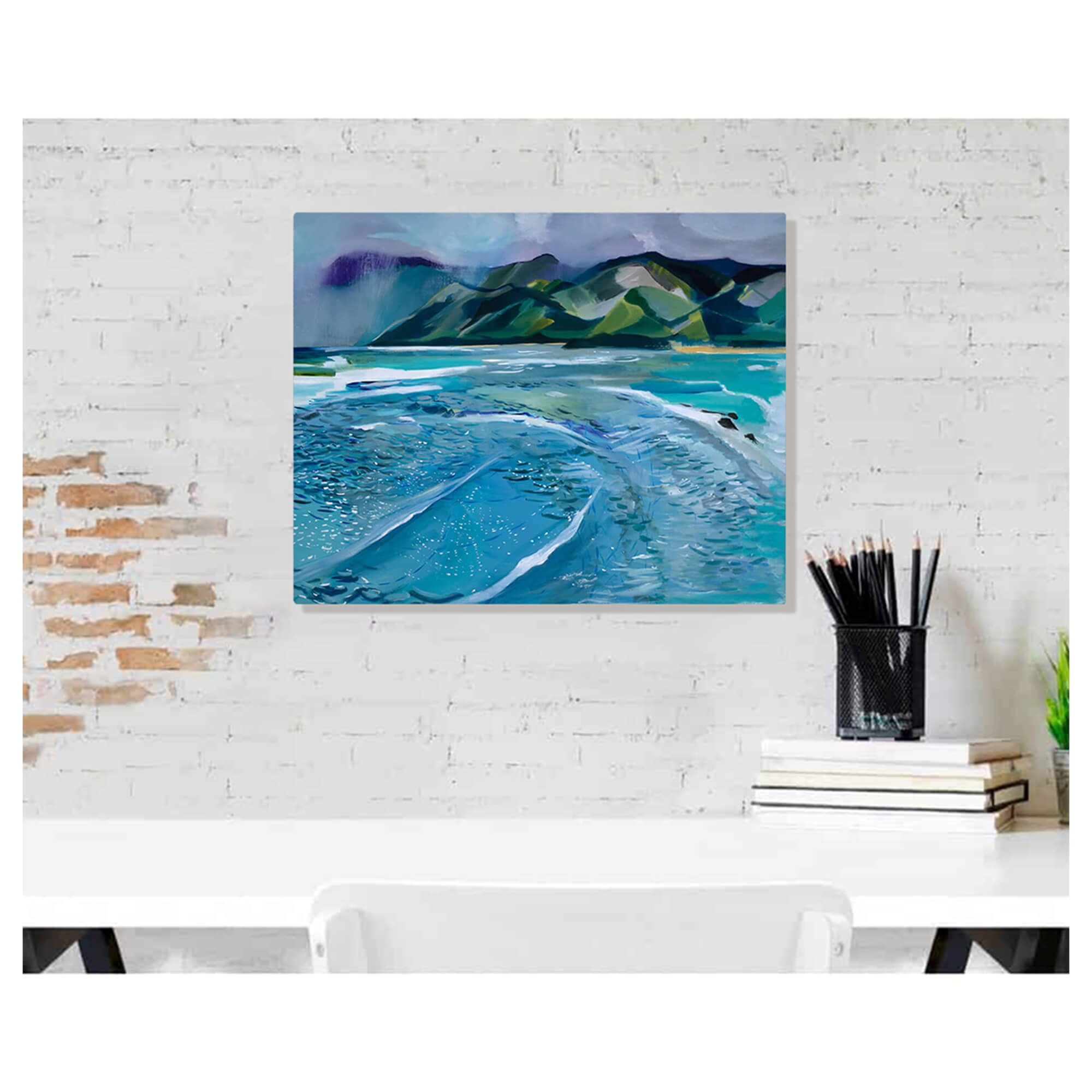 A metal art print of an abstract teal-tinted waves crashing towards the shore and some mountain background by Hawaii artist Saumolia Puapuaga