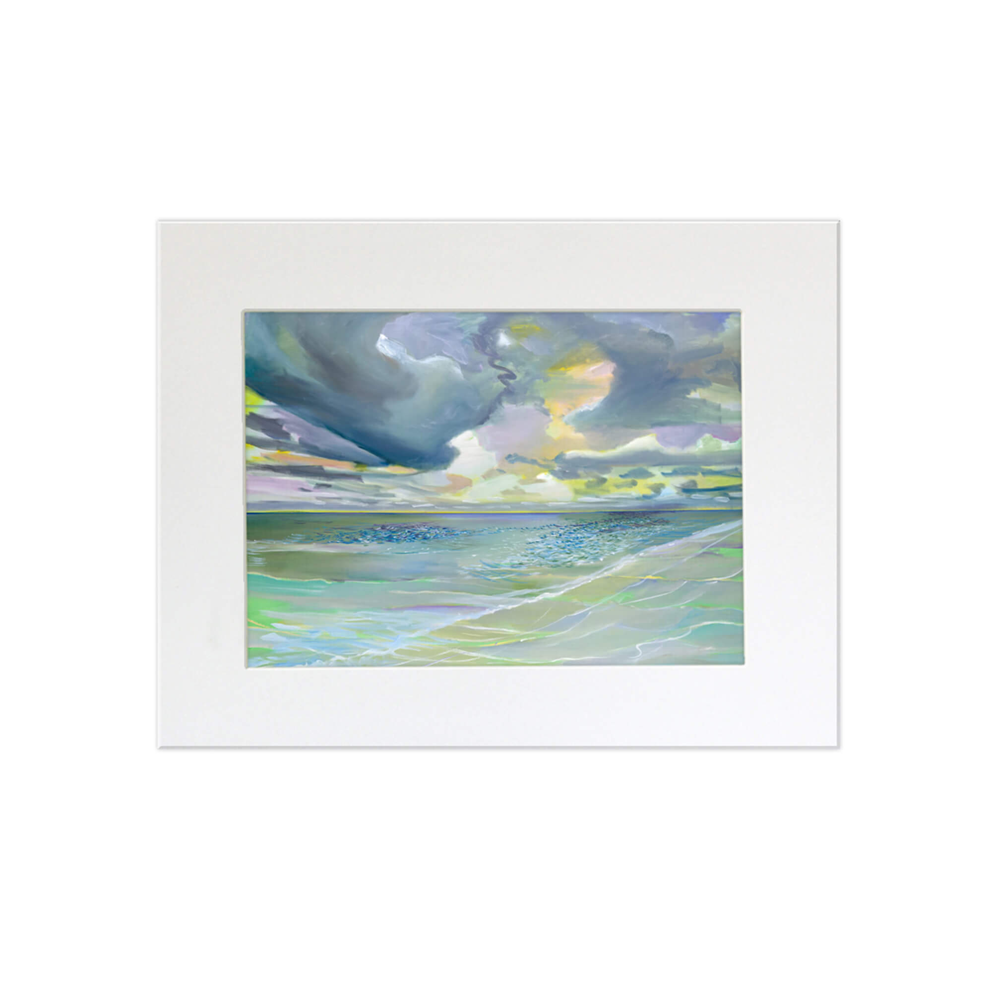  A matted art print of a serene seascape with the water reflecting yellow, green, blue, and teal hues by Hawaii artist Saumolia Puapuaga