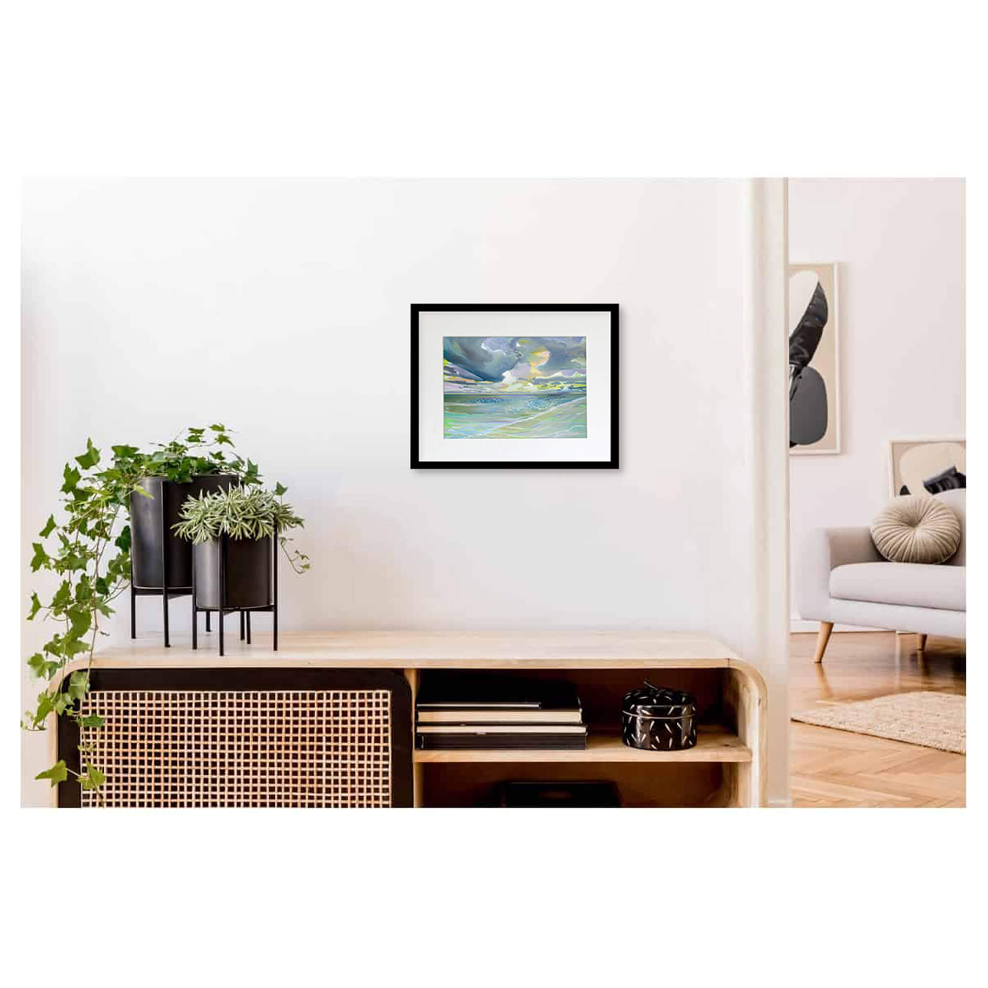 Framed matted art print of a serene seascape with the water reflecting yellow, green, blue, and teal hues by Hawaii artist Saumolia Puapuaga