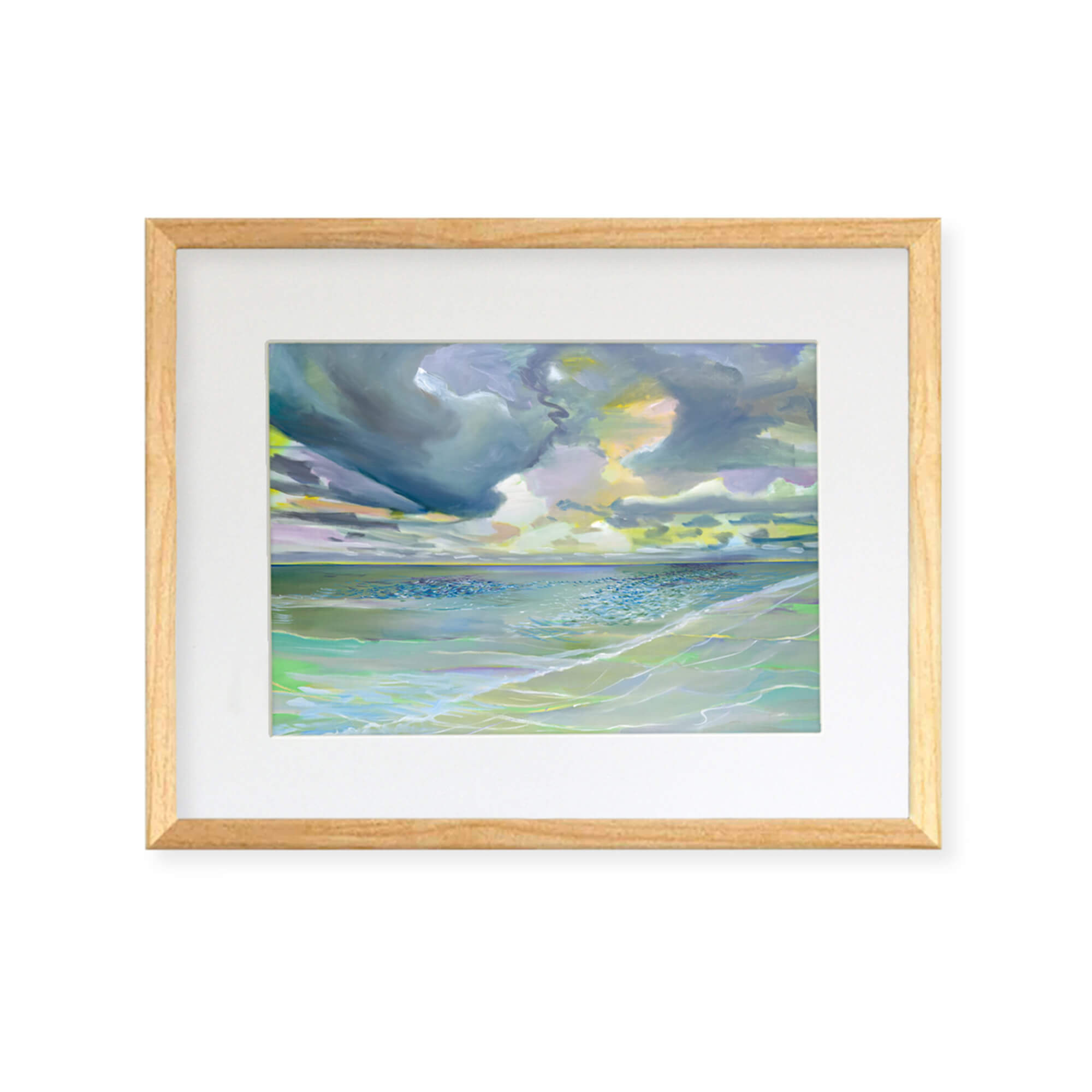  Framed matted art print of a serene seascape with the water reflecting yellow, green, blue, and teal hues by Hawaii artist Saumolia Puapuaga