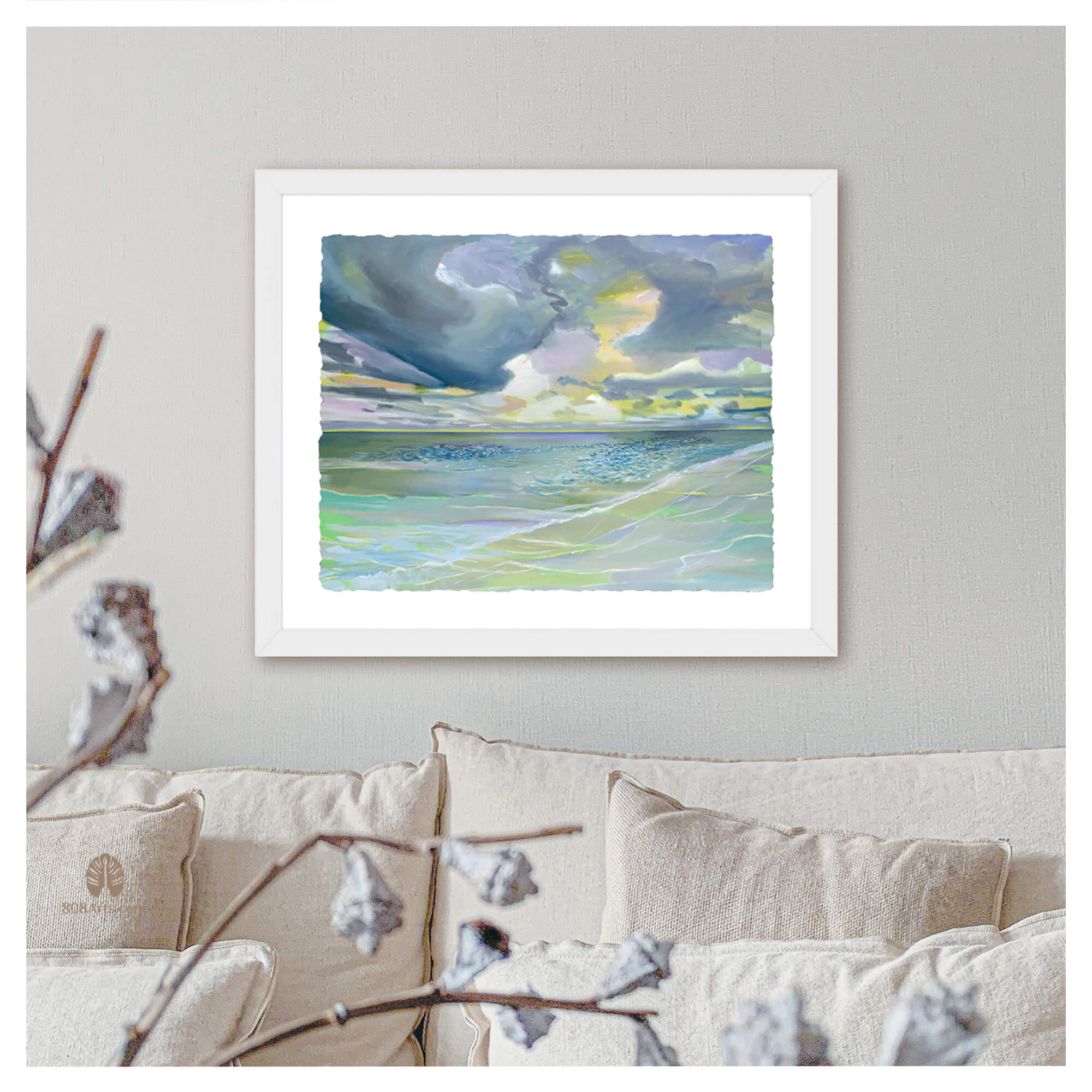 Framed paper art print of a serene seascape with the water reflecting yellow, green, blue, and teal hues by Hawaii artist Saumolia Puapuaga