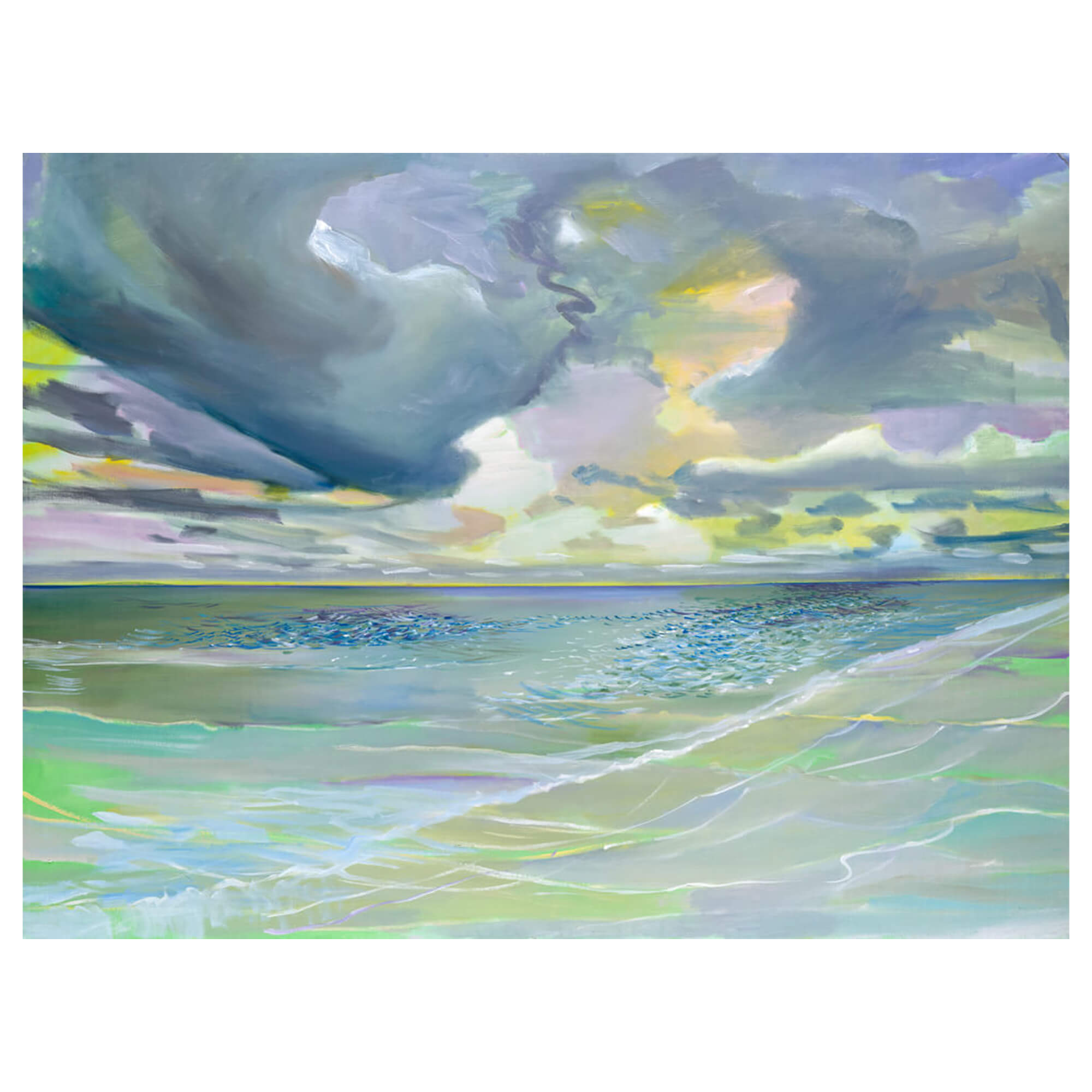 A paper art print of a serene seascape with the water reflecting yellow, green, blue, and teal hues by Hawaii artist Saumolia Puapuaga 