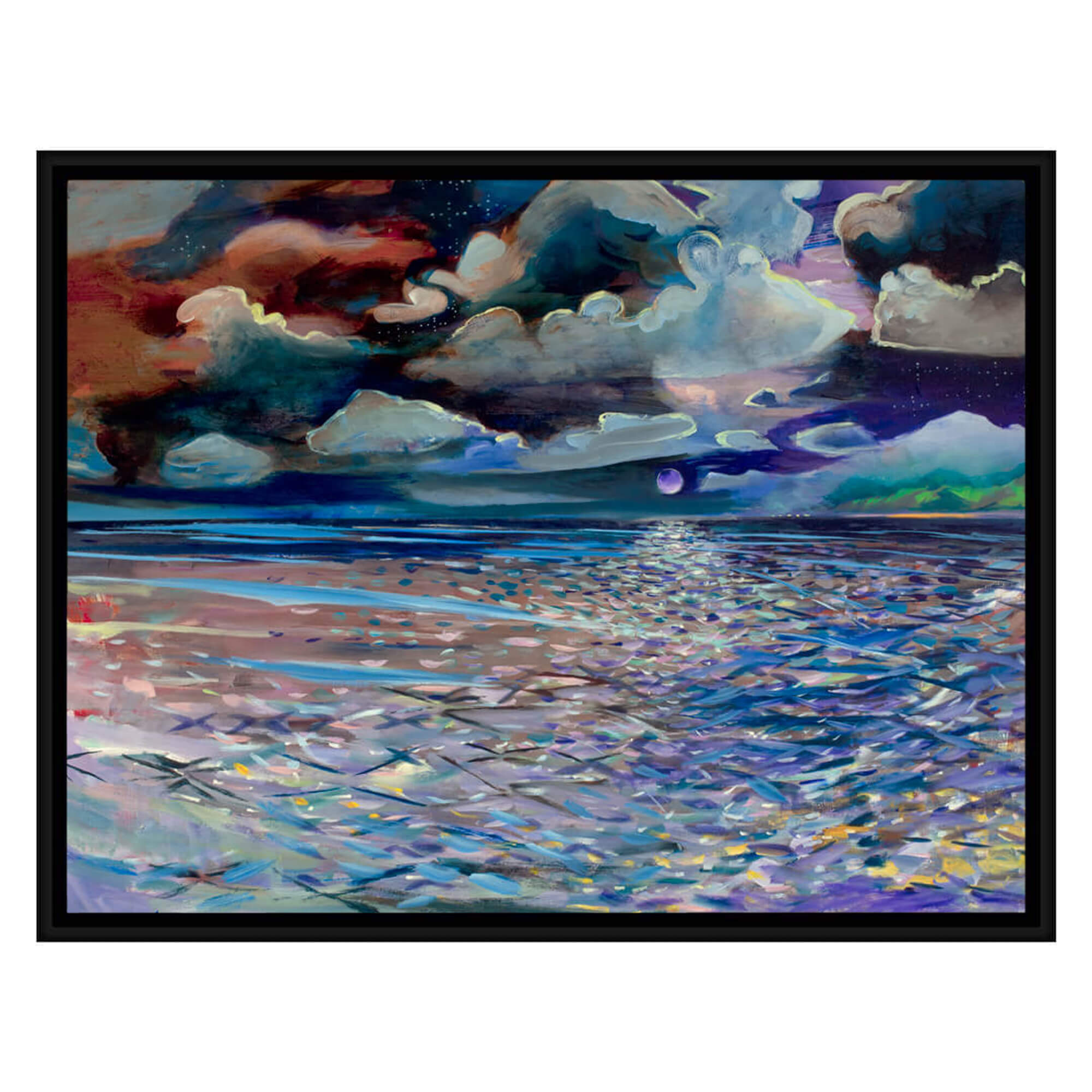 Framed canvas art print of an abstract artwork depicting a full moon and a colorful seascape by Hawaii artist Saumolia Puapuaga