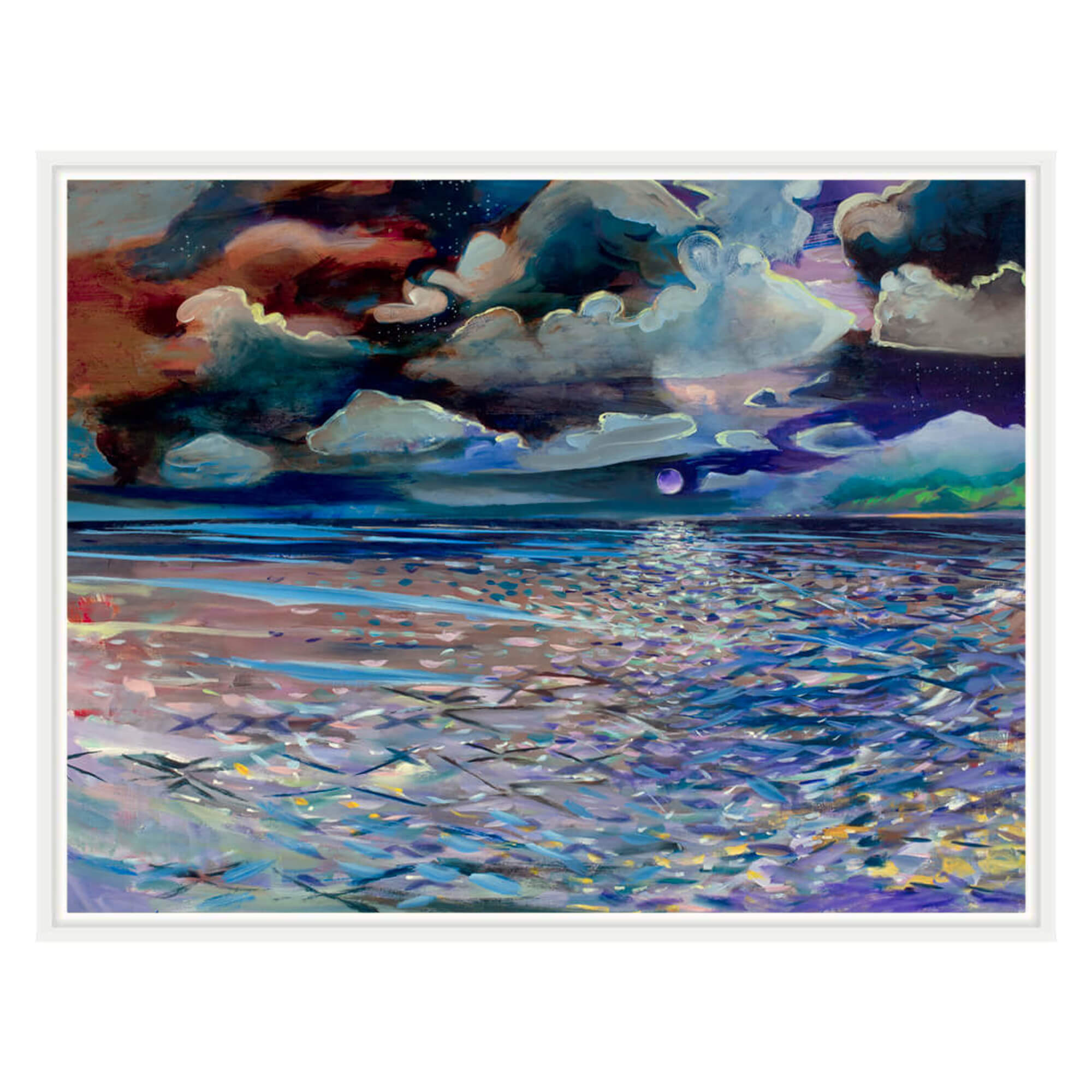 Framed canvas art print of an abstract artwork depicting a full moon and a colorful seascape by Hawaii artist Saumolia Puapuaga 