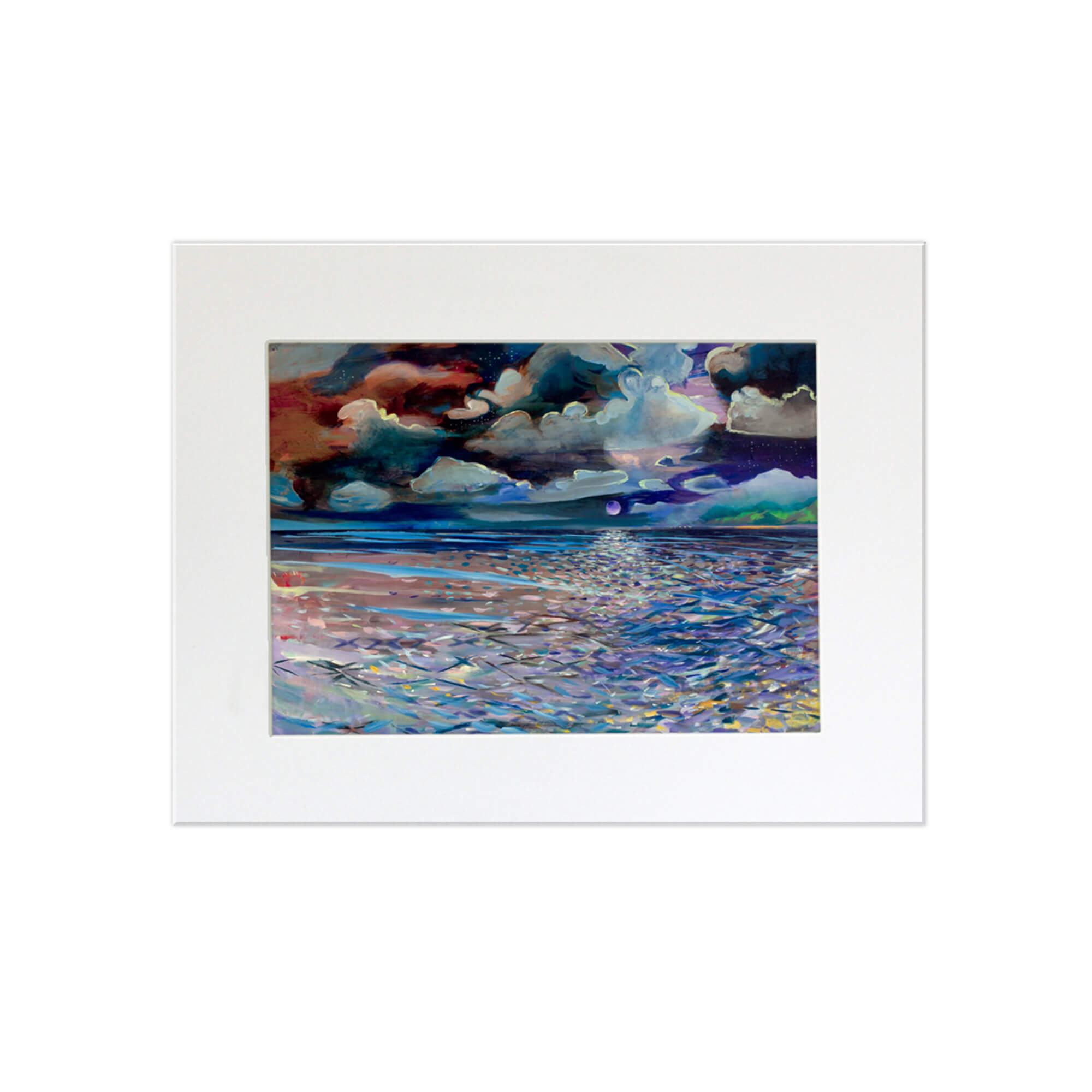 A matted art print of an abstract artwork depicting a full moon and a colorful seascape by Hawaii artist Saumolia Puapuaga