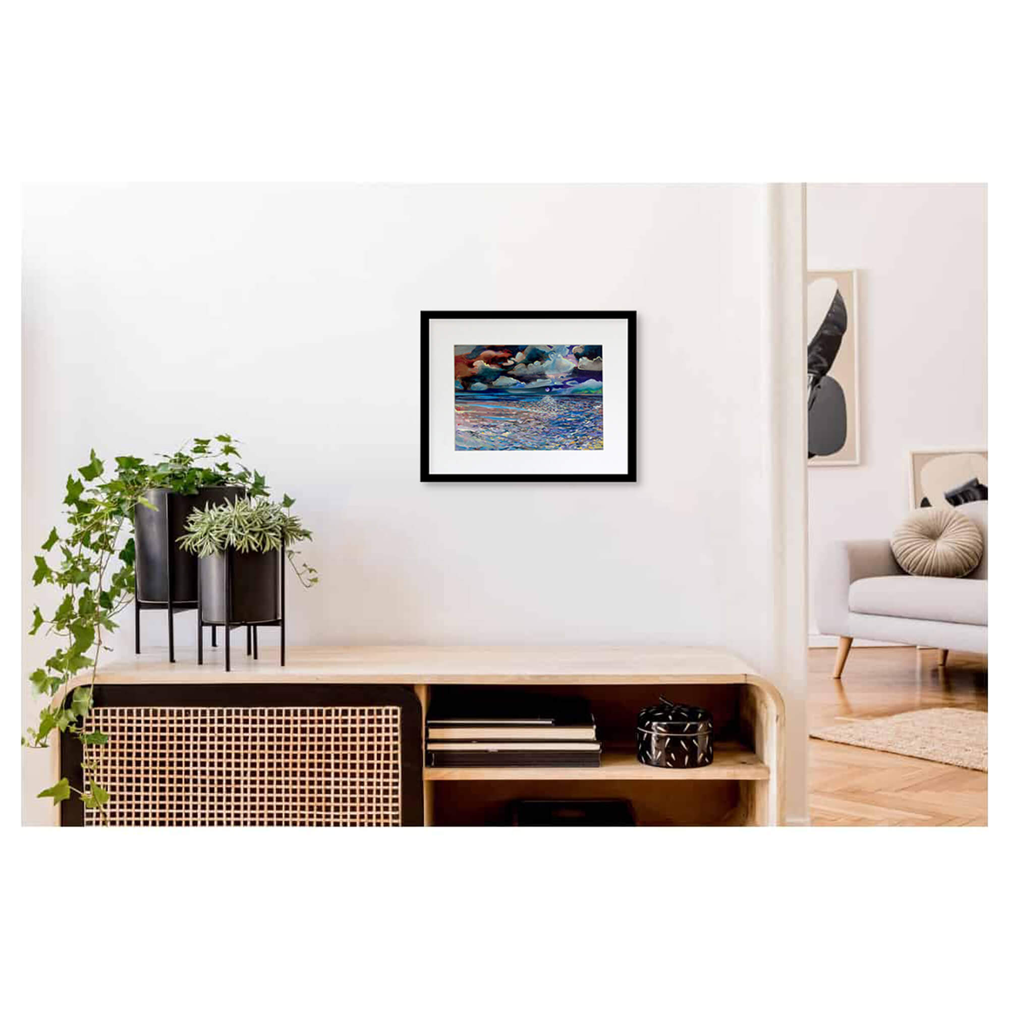 Framed matted art print of an abstract artwork depicting a full moon and a colorful seascape by Hawaii artist Saumolia Puapuaga