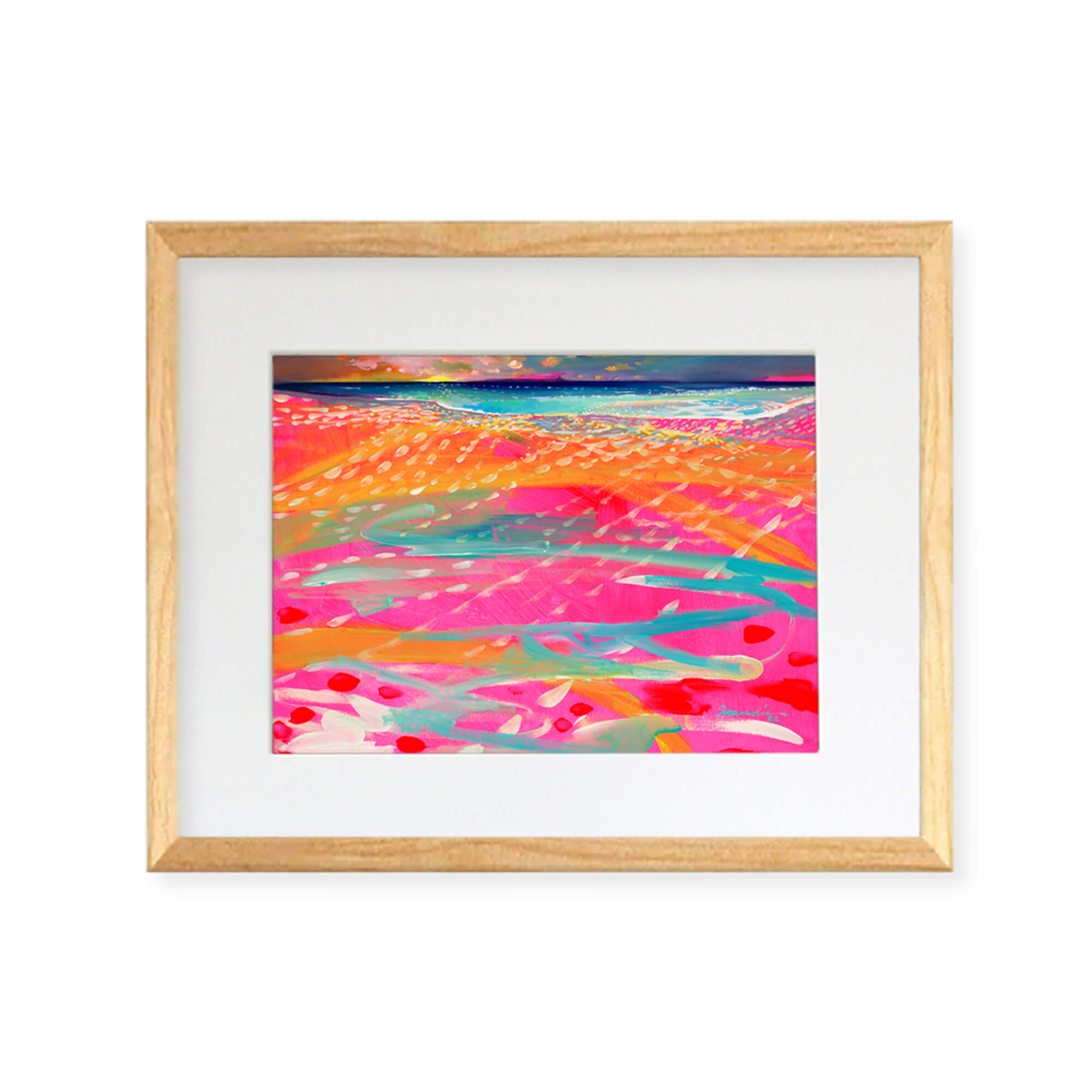 A framed matted art print featuring this beautiful vibrant neon-colored seascape by popular Hawaii artist Saumolia Puapuaga