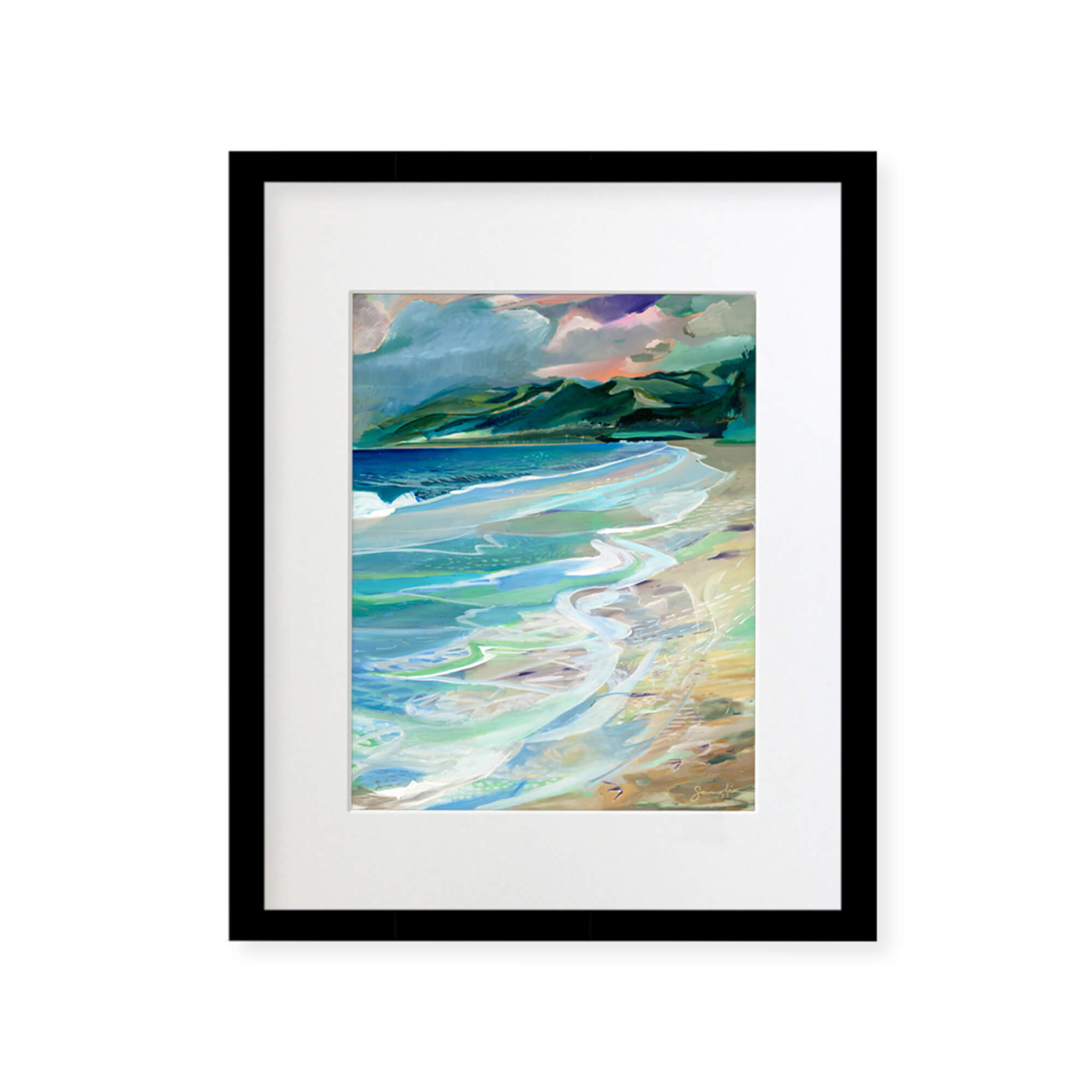 A framed matted art print featuring a beautiful abstract landscape with crashing waves and distant mountains by popular Hawaii artist Saumolia Puapuaga