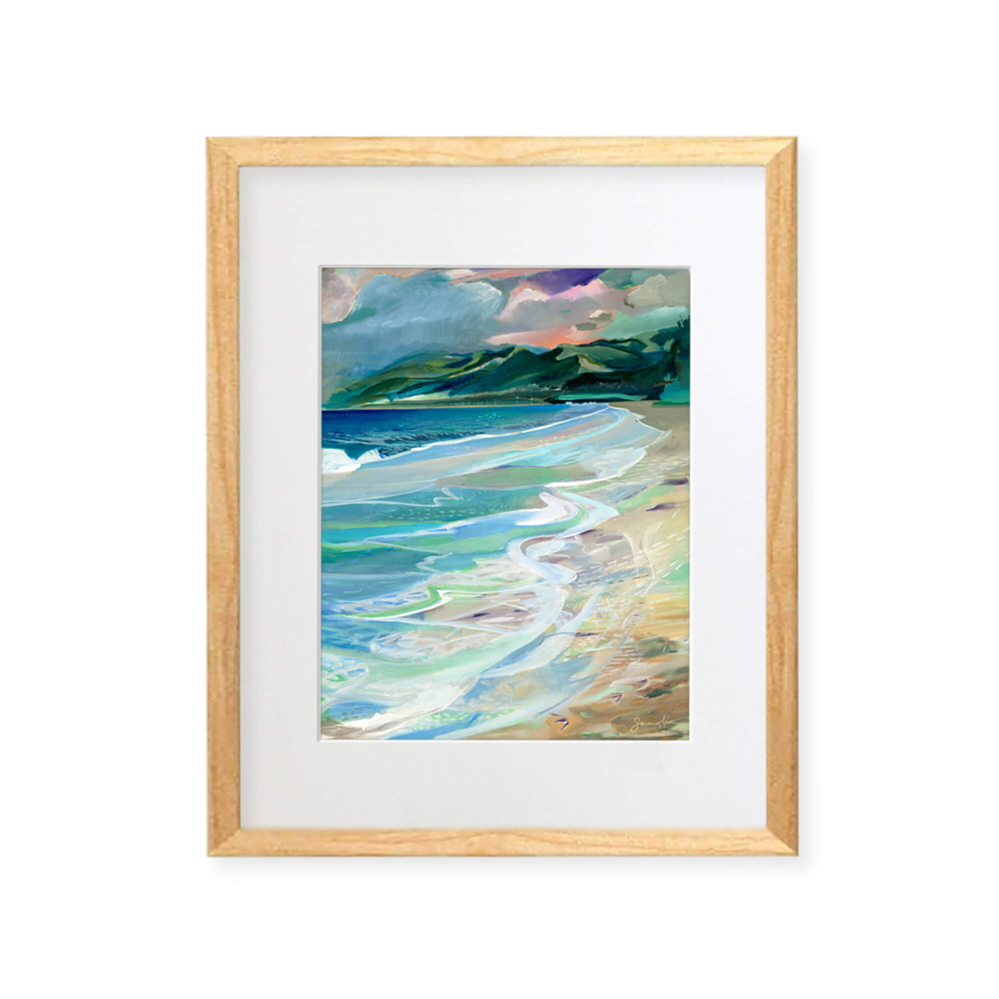 A framed matted art print featuring a beautiful abstract landscape with crashing waves and distant mountains by popular Hawaii artist Saumolia Puapuaga