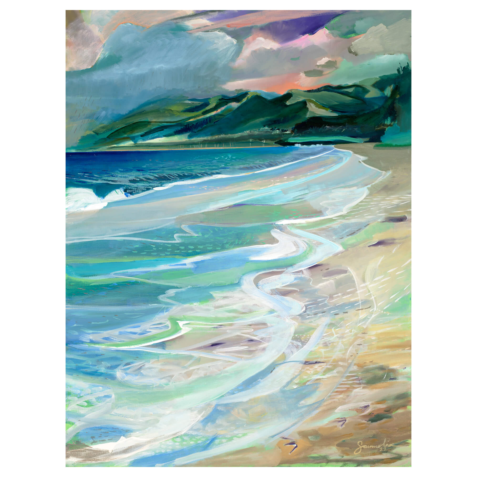 A matted art print featuring a beautiful abstract landscape with crashing waves and distant mountains by popular Hawaii artist Saumolia Puapuaga