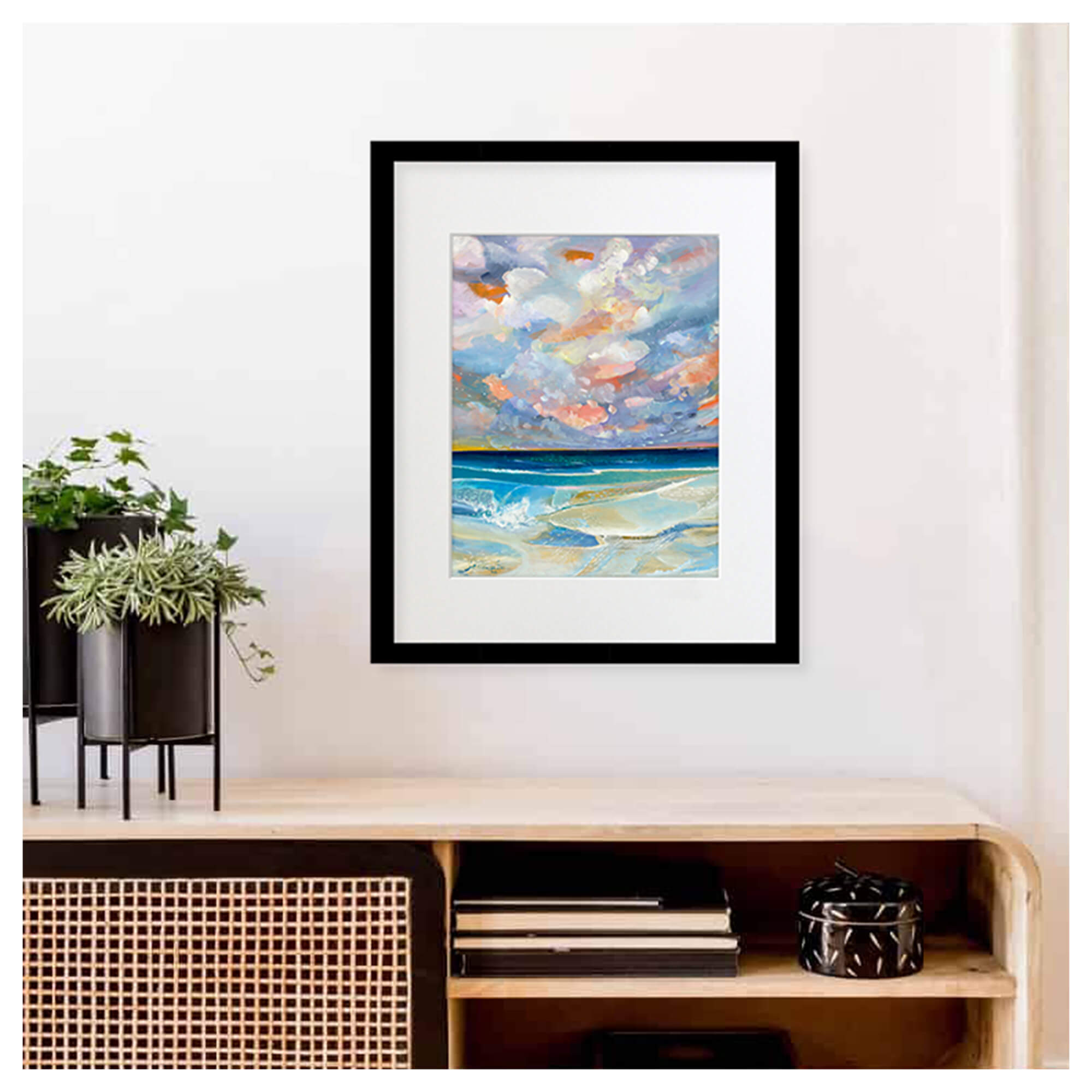 A framed matted art print featuring abstract teal and blue tinted waves crashing towards the shore by popular Hawaii artist Saumolia Puapuaga