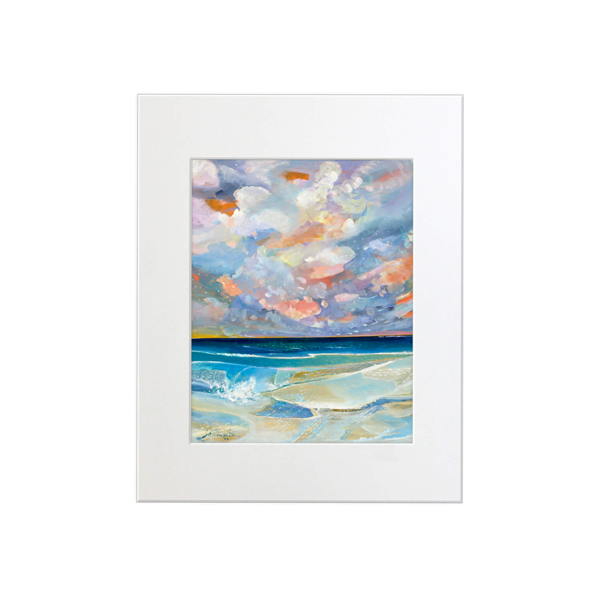 A matted art print featuring abstract teal and blue tinted waves crashing towards the shore by popular Hawaii artist Saumolia Puapuaga