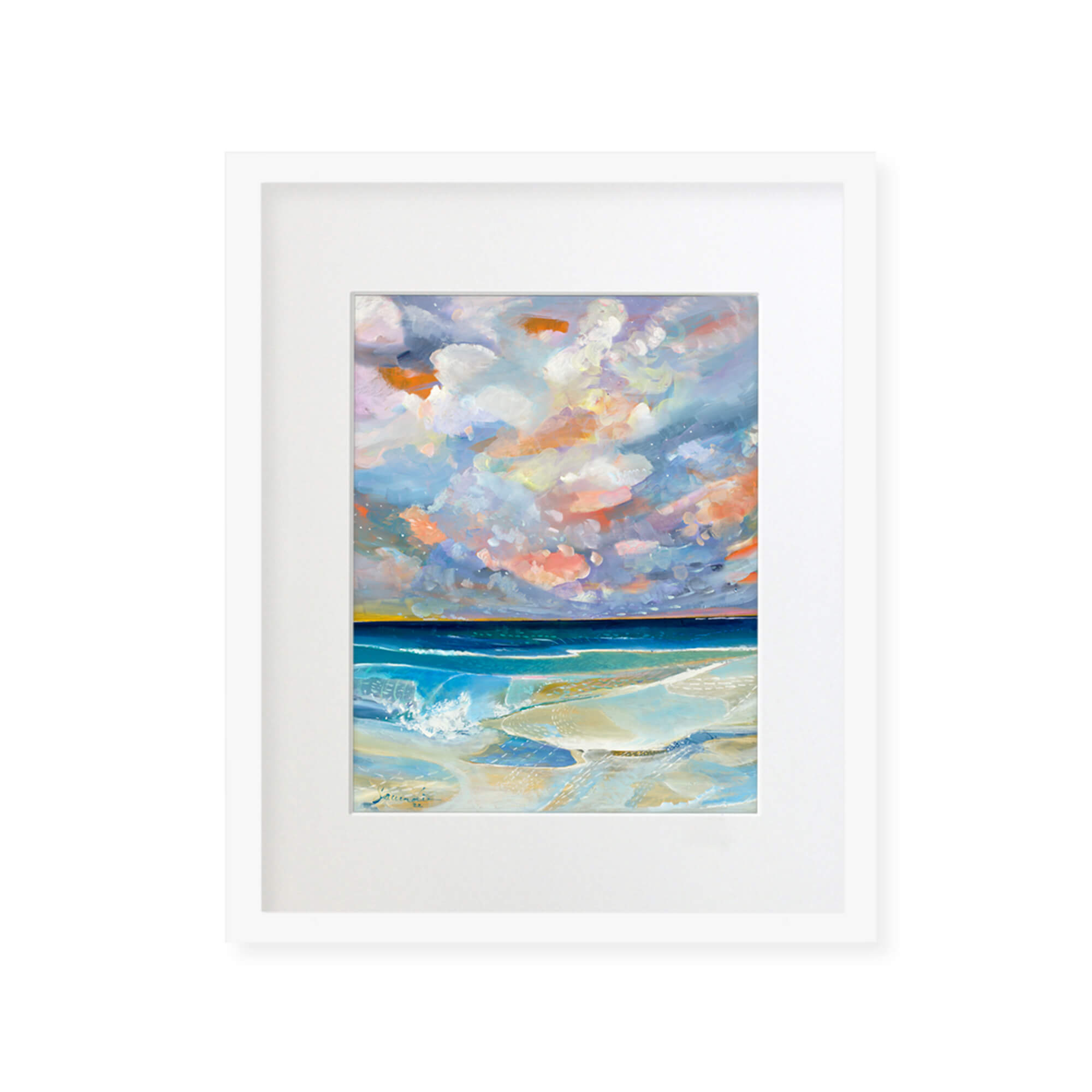 A framed matted art print featuring abstract teal and blue tinted waves crashing towards the shore by popular Hawaii artist Saumolia Puapuaga